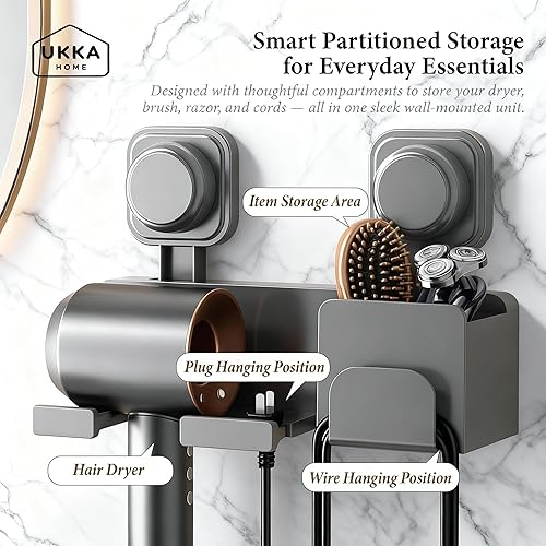 Miniatura 6 de Organizador de almacenamiento para secador de pelo con ventosa con estante y ganchos para baño. Reutilizable, plástico ABS, resistente al óxido,