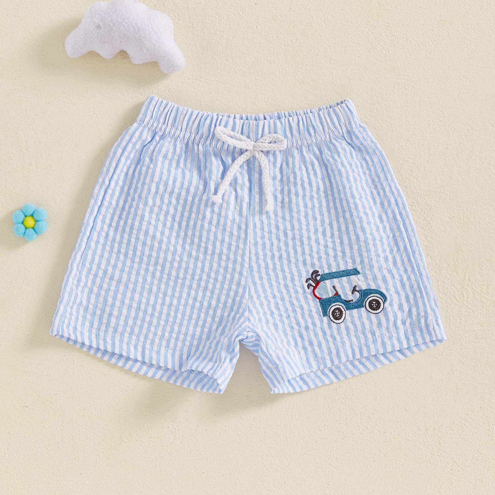 Toddler Baby Girl Boy Striped Seersucker Shorts Elastic Waisted Shorts Tractor Football Golf Baseball Short Bottoms (Golf Blue, 18-24 Months)