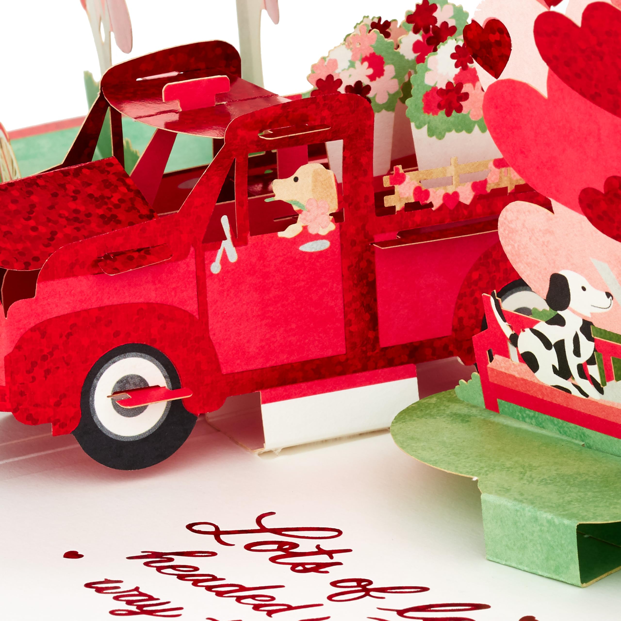 Hallmark Valentines Day Card, 3D & Pop Up, Red Truck, Dogs, Flowers, Archway, Red, White, Pink, 3D Truck Card - Image 4