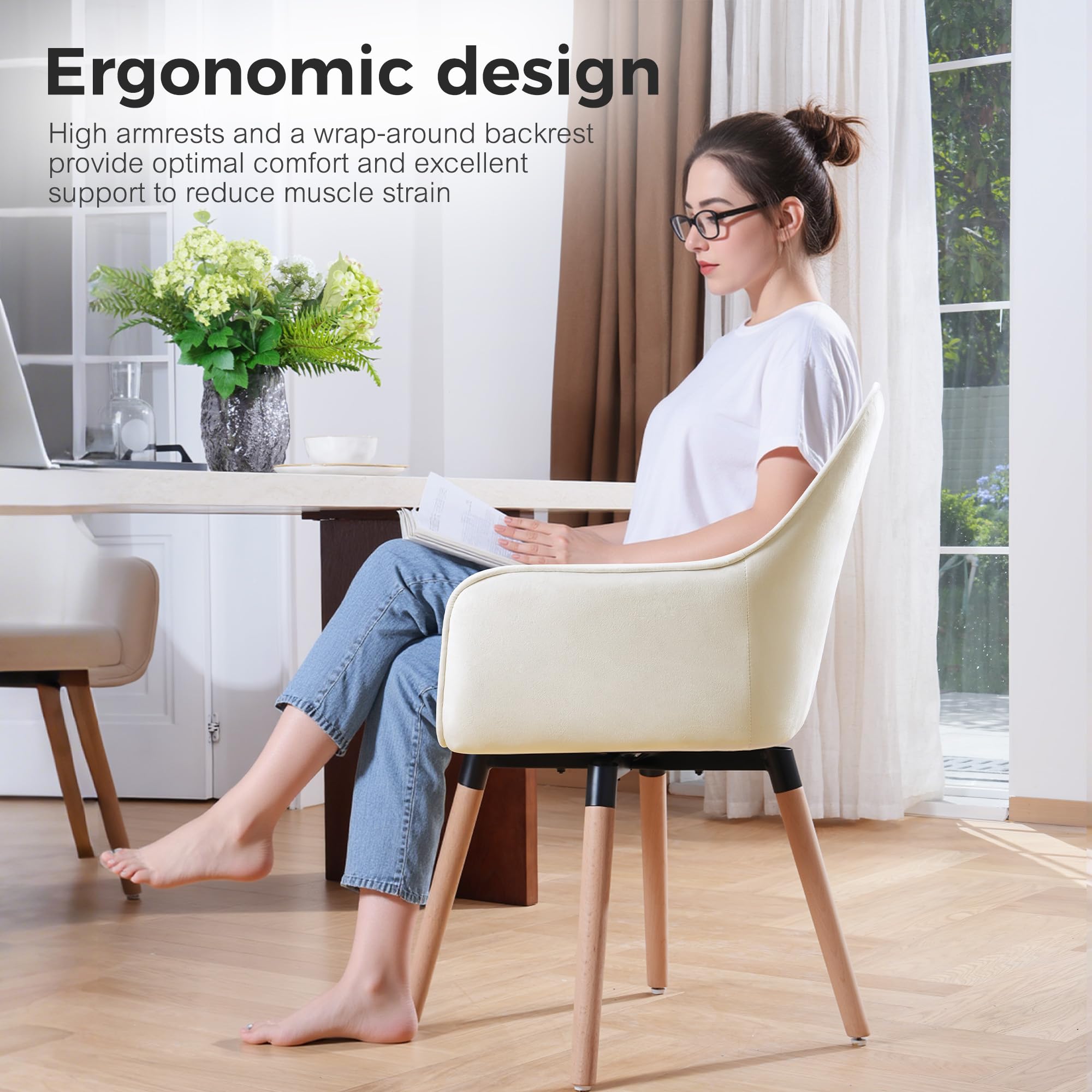 ELUCHANG Silla de Comedor Pack 4, 360°Giratoria, 12cm Grosor Sillones con Reposabrazos Altos, Crema Terciopelo Silla para Cocina, Salón, Dormitorio, Carga Máx. 150 kg, Patas de Madera