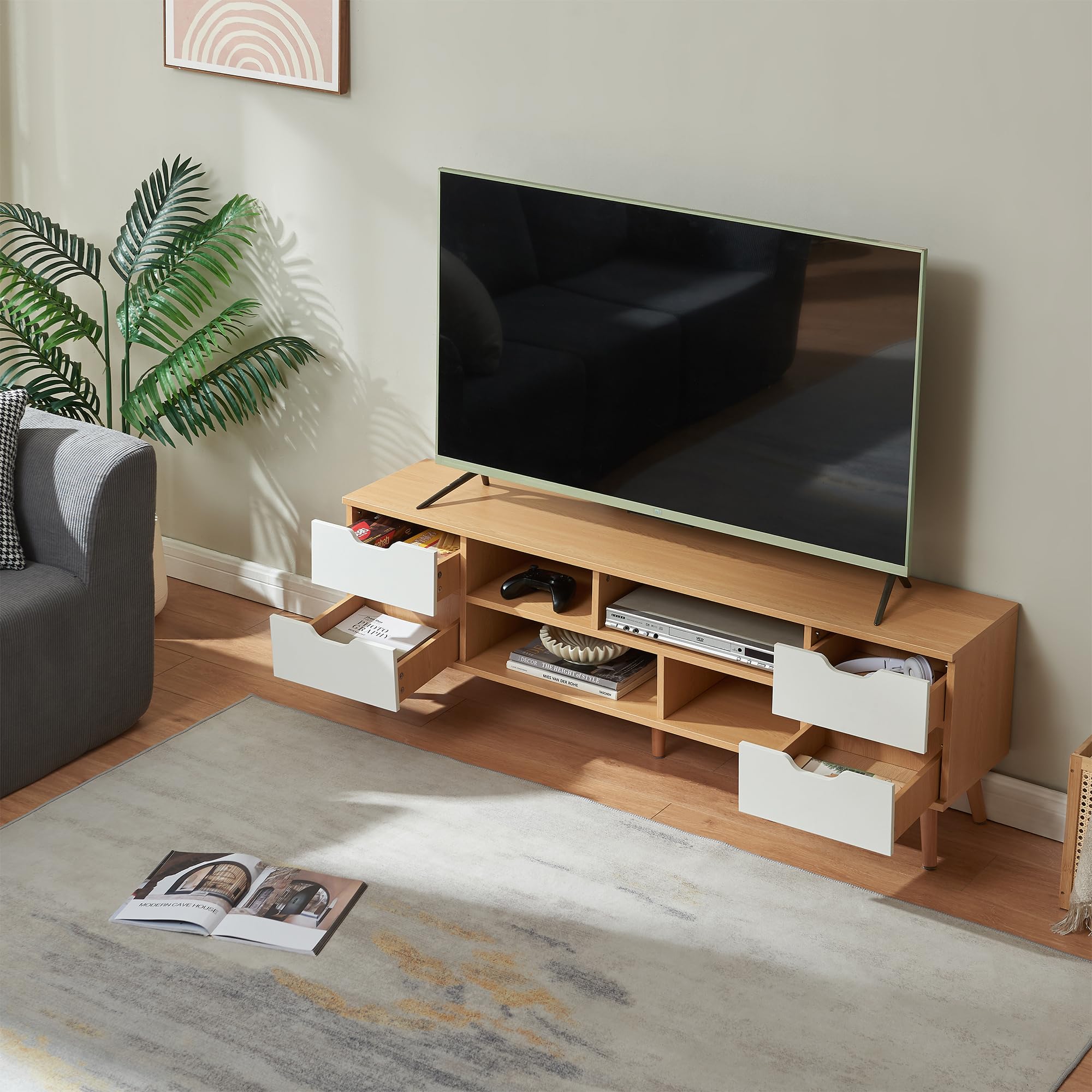 [en.casa] Mobile Porta TV con 4 Cassetti e Scomparti Vani Portaoggetti Stand Multimediale Mobile Contenitore per Soggiorno Camera da Letto Studio 140 x 30 x 45 cm - Effetto Rovere/Bianco