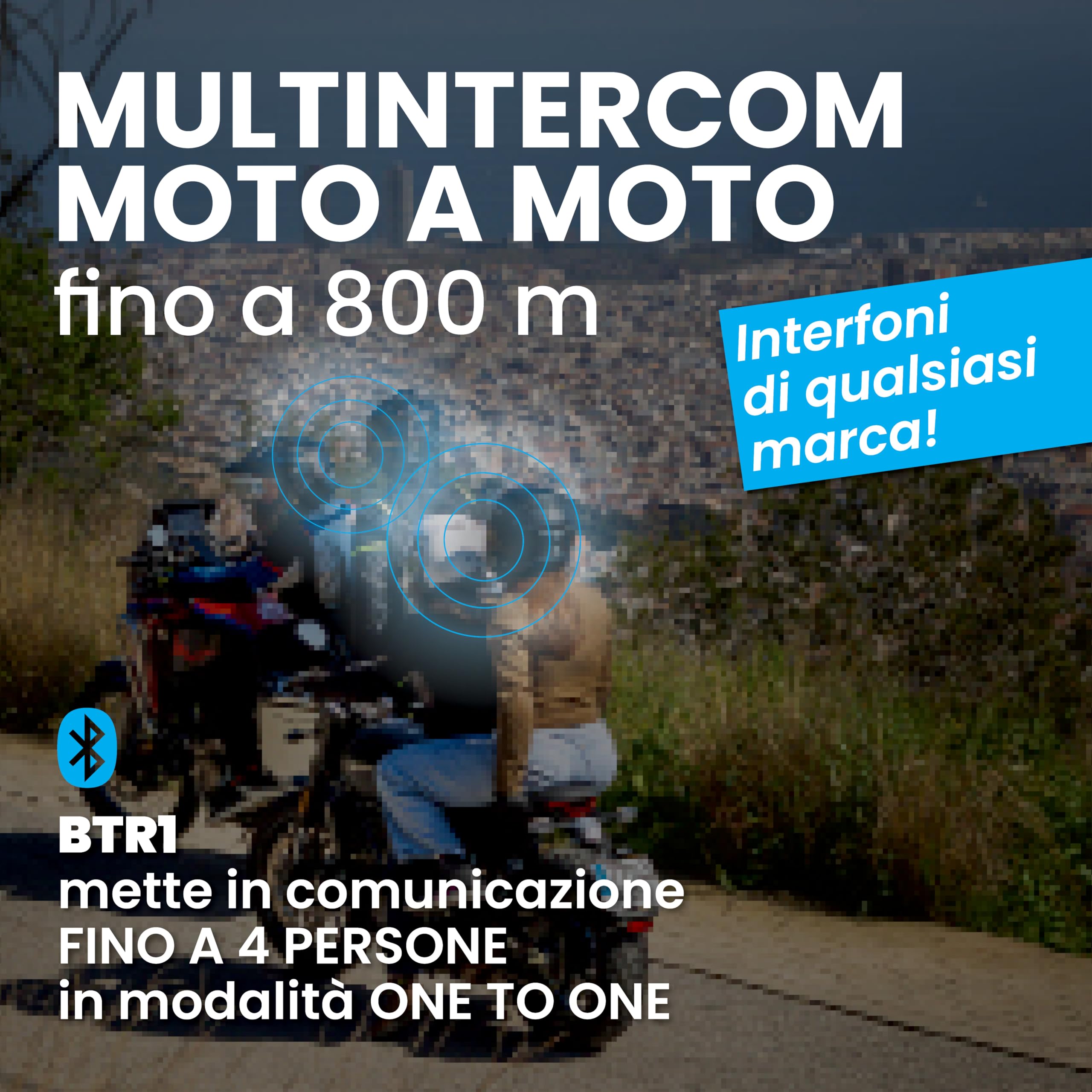 Midland - Interfono Moto Bluetooth Singolo BTR1, Auricolari Casco Moto Impermeabili IPX6, Portata 800m, 4 Persone Conference, Batteria 23H, Parallel Audio, Connessione GPS/Musica, Conforme ECE 22.06