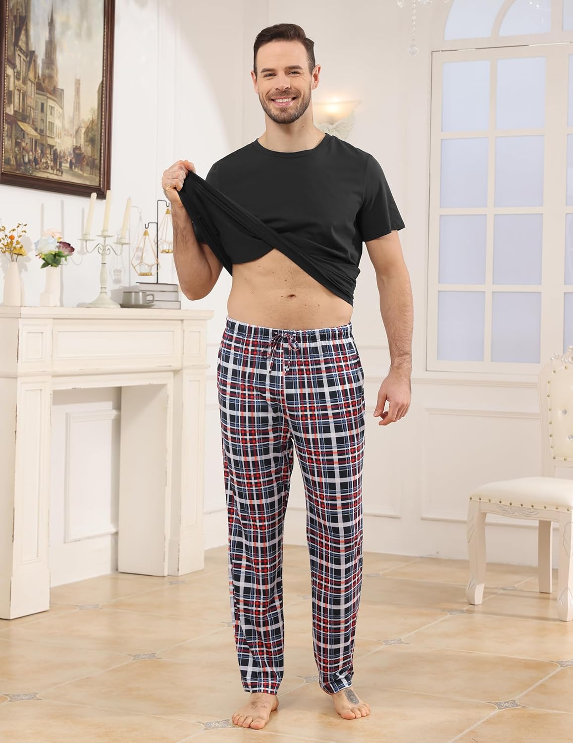 Mens Pajamas Set Cotton Short Sleeve and Plaid Long Pants 2 Piece Loungewear Sleepwear with Pocket - Image 2