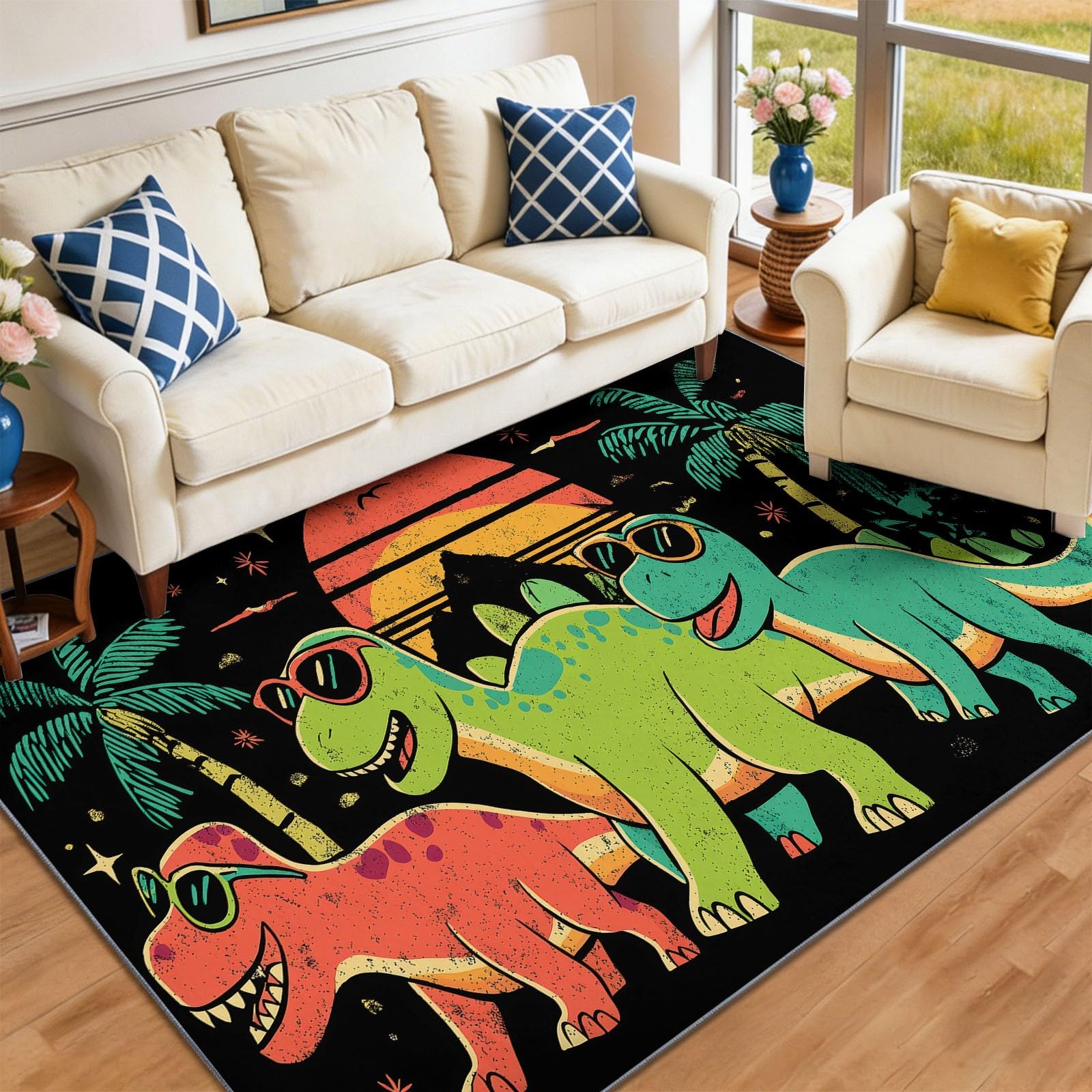 Dywan do salonu, 160 x 230 cm, tropikalny dinozaur i dżungla, dla nastolatków, chłopców i dziewczynek, antypoślizgowy, flanelowy dywan z krótkim włosiem, bardzo miękki, łatwy w pielęgnacji, czarny
