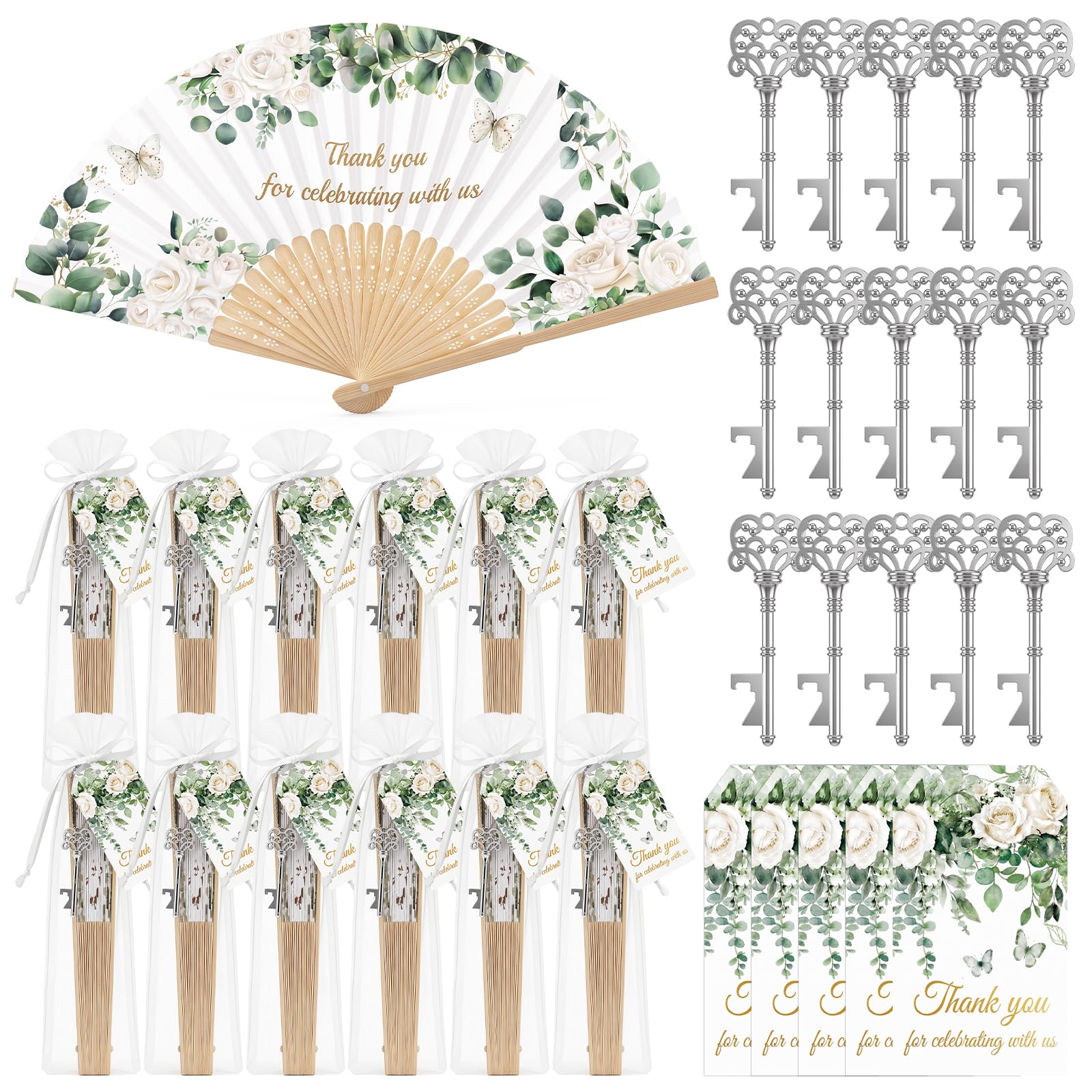 Junkin 50-teiliges Hochzeits-Handfächer-Set für Gäste mit Vintage-Schlüsselöffner, Hochzeits-Party-Geschenke, Hand-Fans, Dankeschön, für Feiern mit uns für Zeremonie, Brautparty, Party-Dekoration