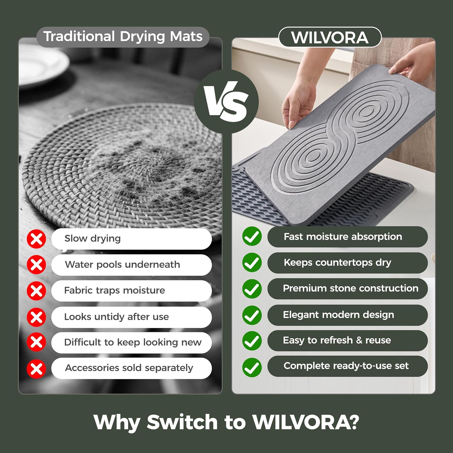 Stone Dish Drying Mats for Kitchen Counter, 3-Piece Set