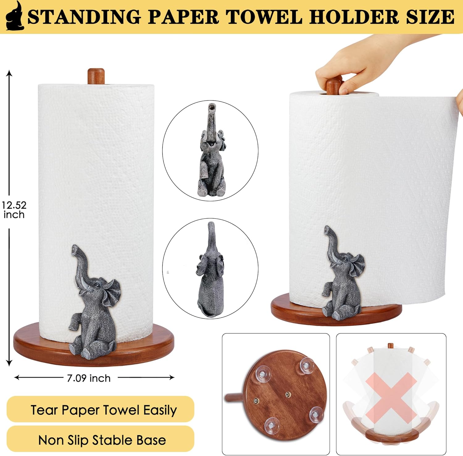 Elephant Paper Towel Holder,Natural Animal Kitchen Decorative,Cute African Elephant Wooden Stand Countertop Anti Slip,Gifts for Women,Halloween Cottagecore Farmhouse Home,4 Suction Cup