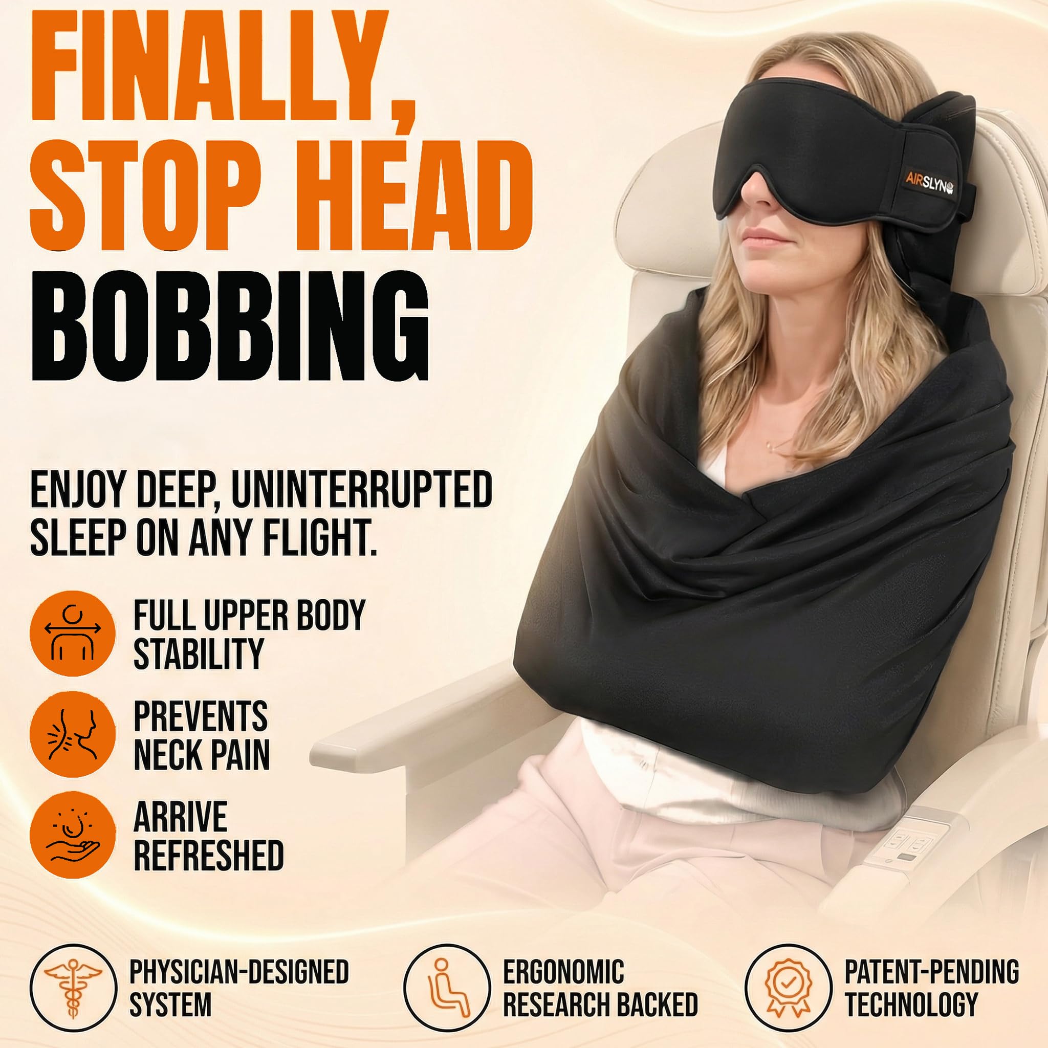 Condition photo showing New/Like New for 3-in-1 airplane sleep support system - integrated plane sleeping accessories with memory foam long haul flight pillow, adjustable travel eye mask, and blanket-like body sling - fits in carry on