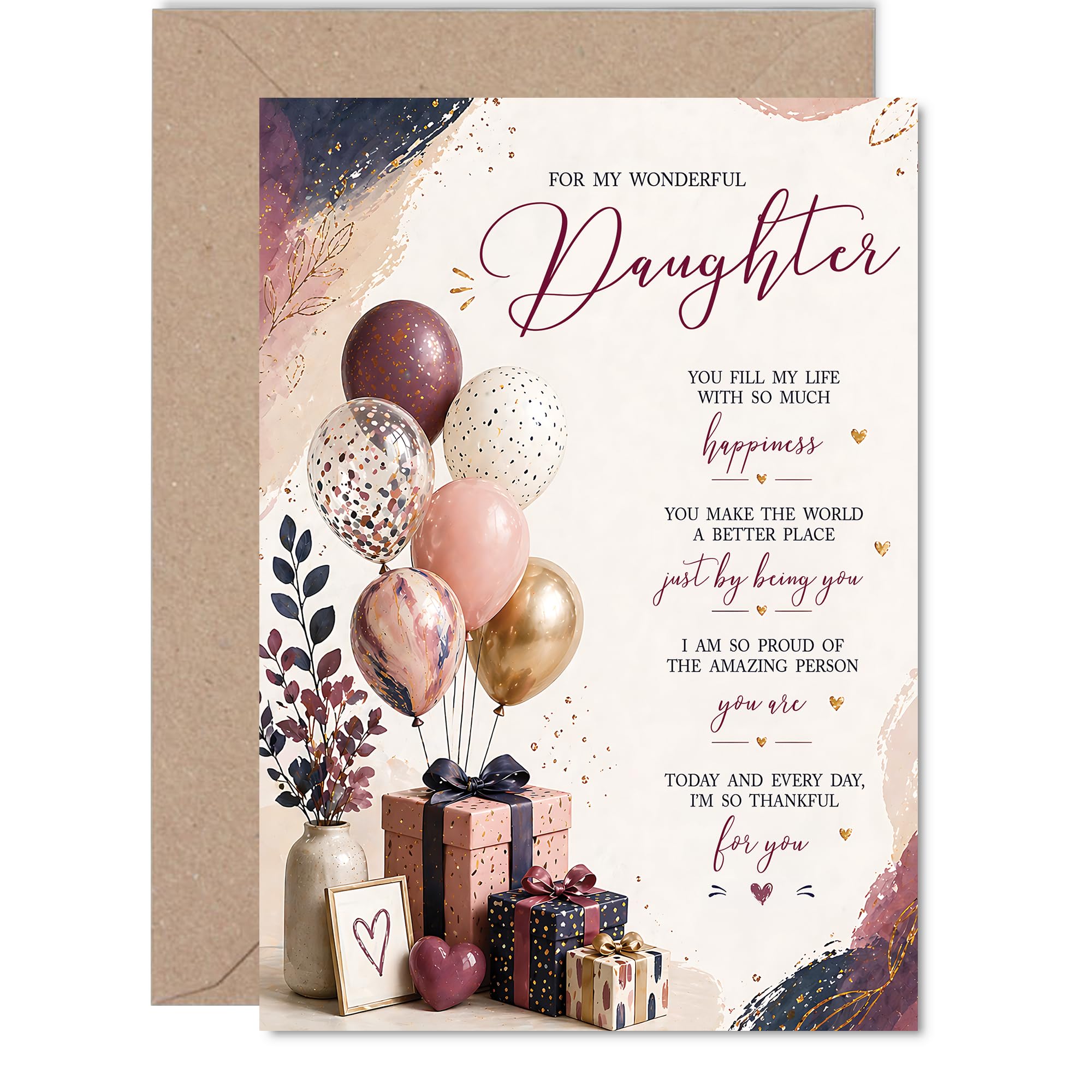 Heartfelt Birthday Card for Daughter - Bursting with Love and Pride - Balloons, Gifts and Flowers in Joyful Pink and Gold - 5X7 Inch, Envelope Included