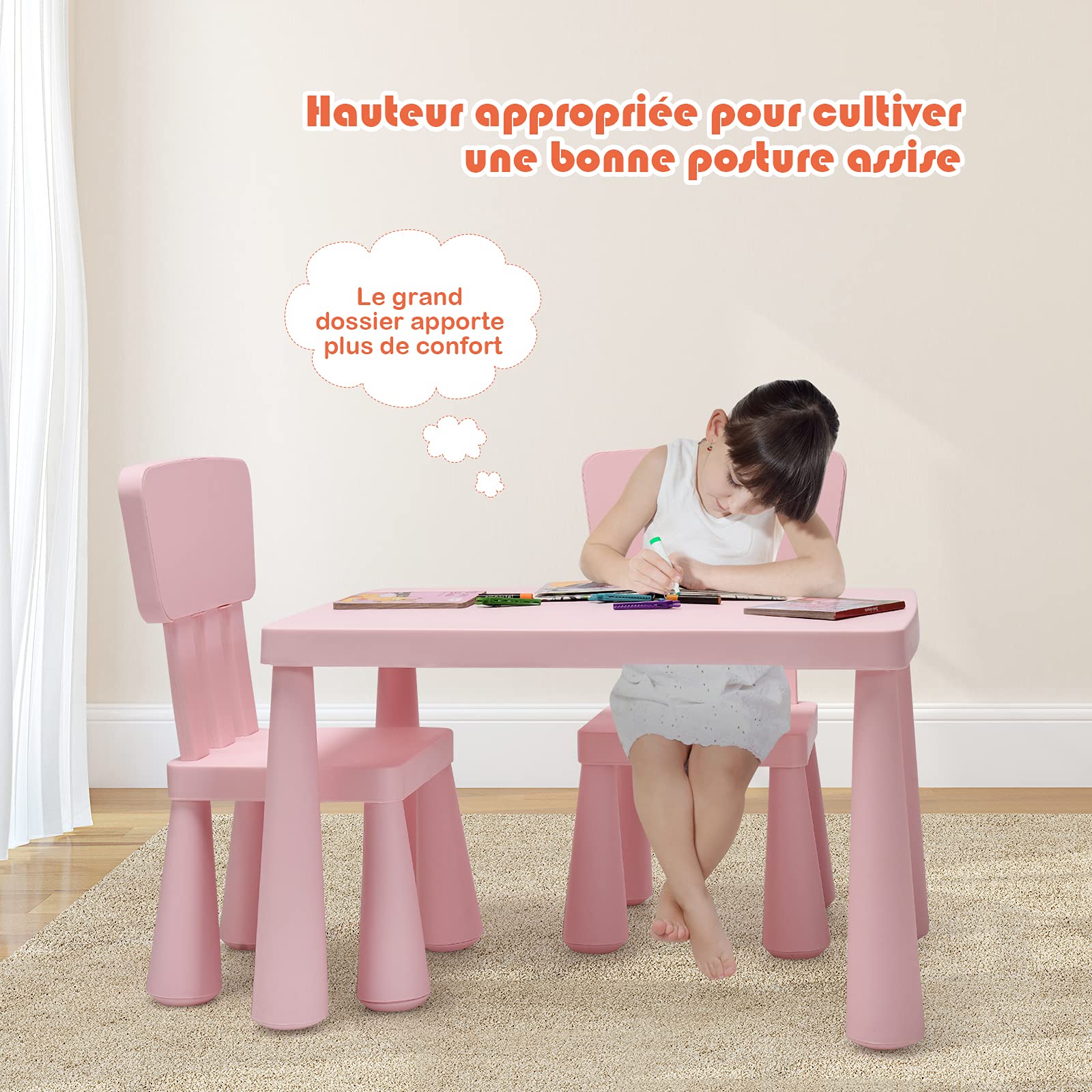 GOPLUS Table Enfant avec 2 Chaises, Petite Table d'Activité Enfant en Plastique pour Manger, Étudier, Jouer, pour Filles Garçon 1-7 Ans, Charge 50KG (Rose)