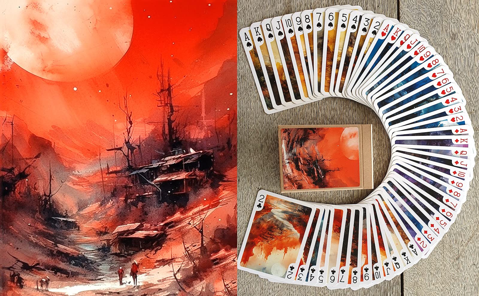 FLONZGIFT Outer Planets Landscapes Playing Cards (Poker Deck 54 Cards All Different) Vintage Watercolor Painting SciFi Postapocalyptic Scenic Views