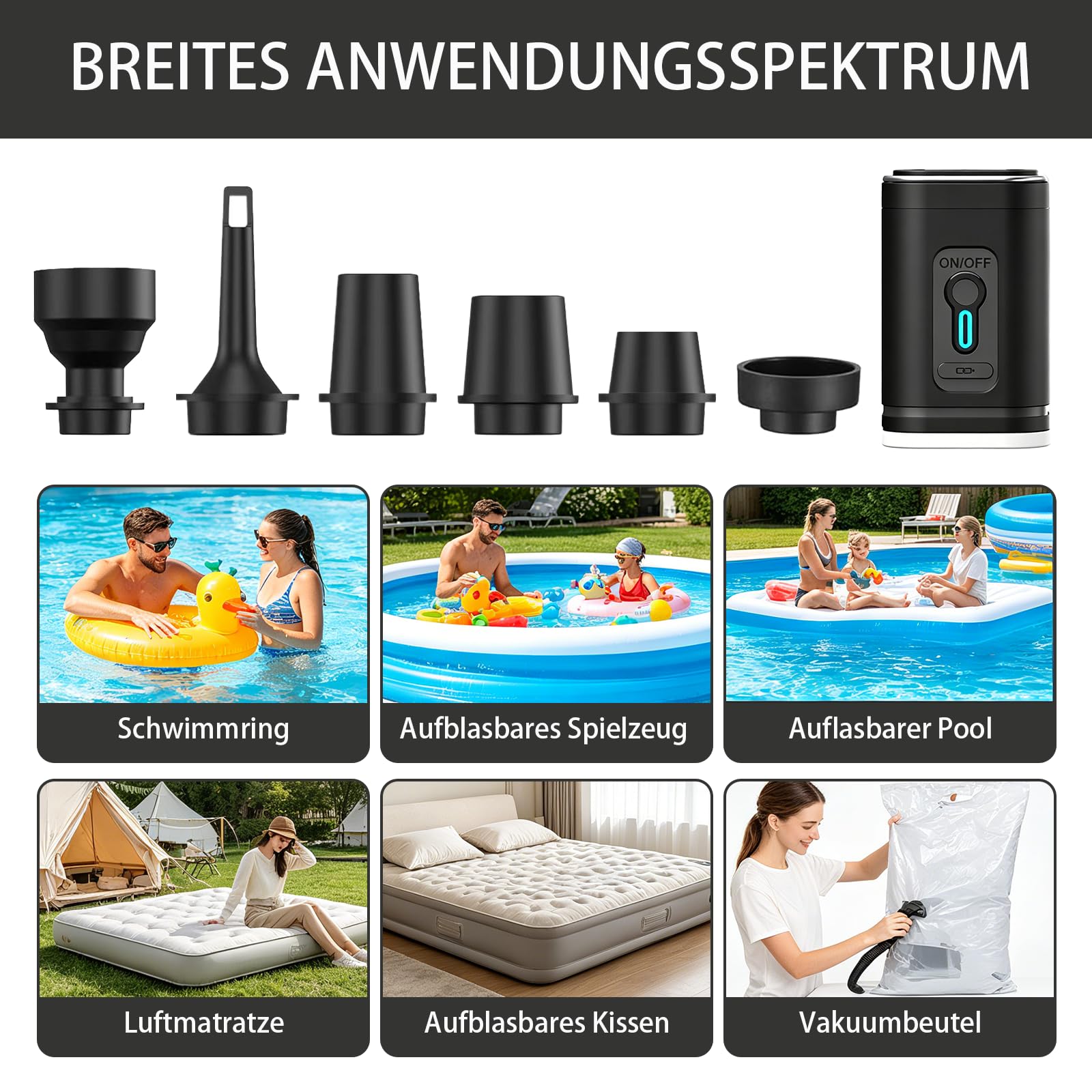 Elektrische Luftpumpe für Luftmatratze Klein Tragbare Elektrische Luftpumpe mit 6 Düsen 4000Pa 1200 mAh für Matratze Vakuumbeutel Paddeln Pool Schwimmer
