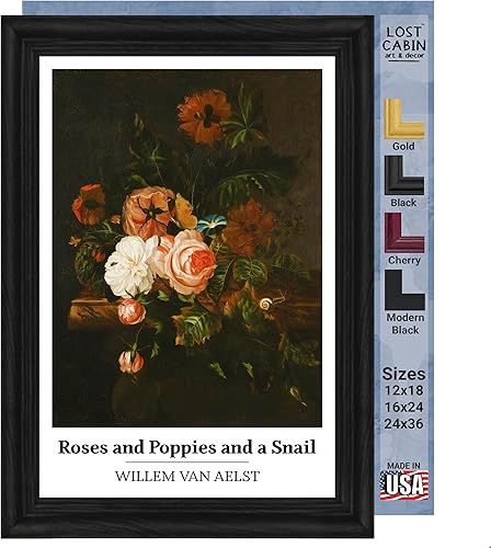 Willem Van Aelst - Lienzo en marco plano negro con rosas y amapolas y un caracol de la cabaña perdida  Reproducción de pinturas finas  Póster