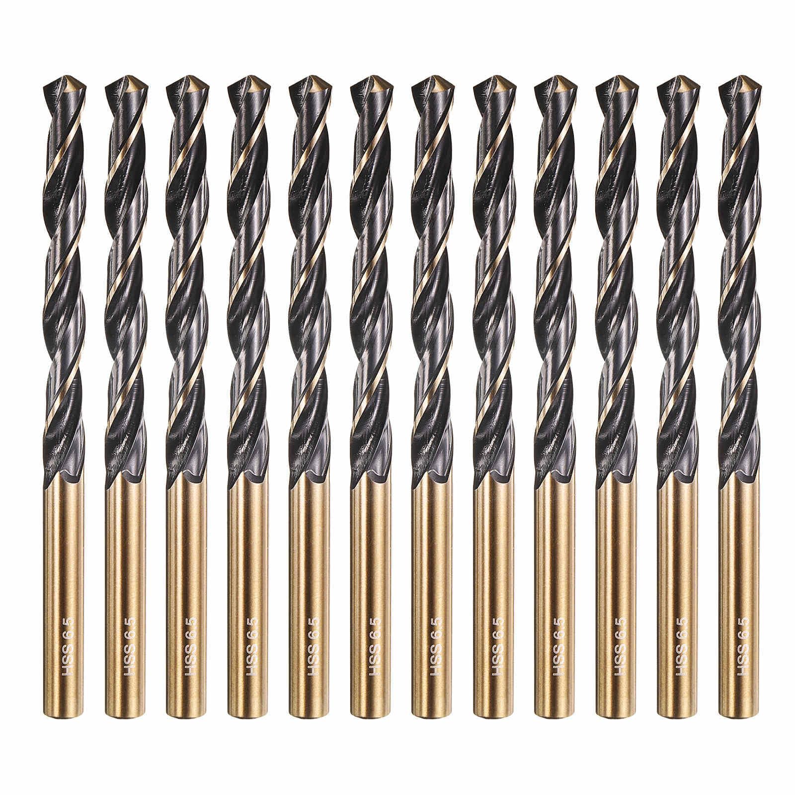 12pcs Drill Bit - [6.5mm Diameter] M2 High Speed Steel Twist Cutting Tool for Machining Hard Metal Woodworking Handicraft Use, 135° Cutting Angle Black & Gold