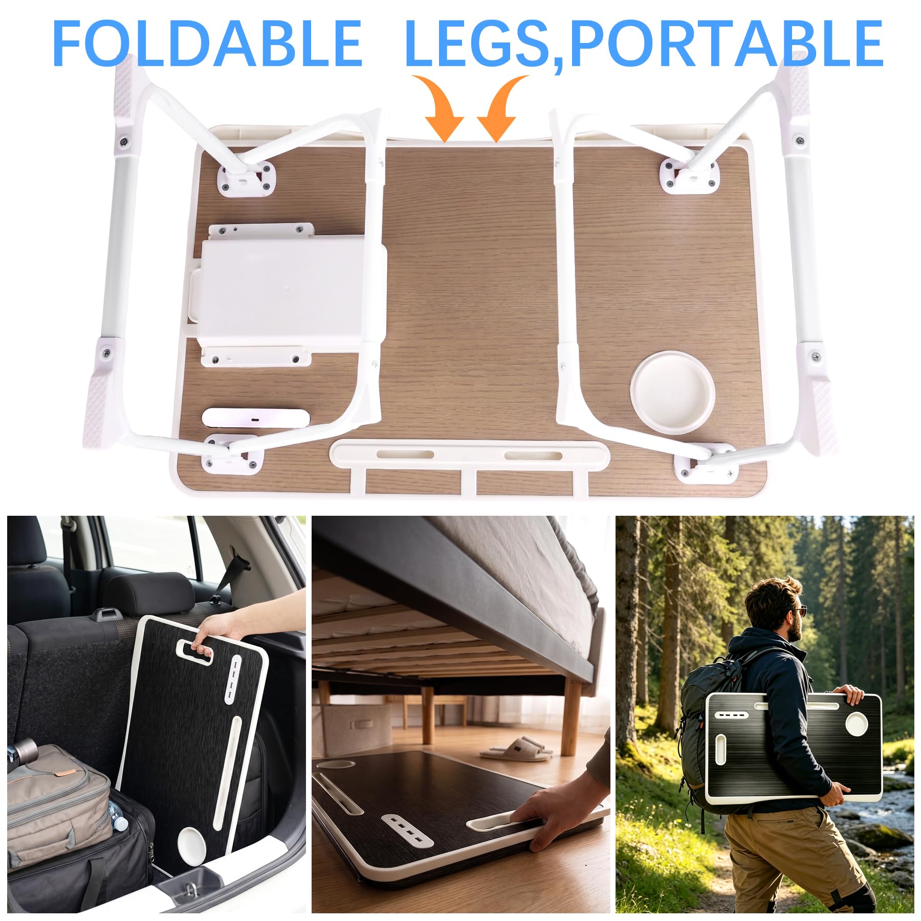 Mesa de cama para laptop, mesa de cama plegable portátil con puertos USB, cajón lateral, tarjeta de escritorio y asa, bandeja portátil para comer, trabajar, estudiar y leer