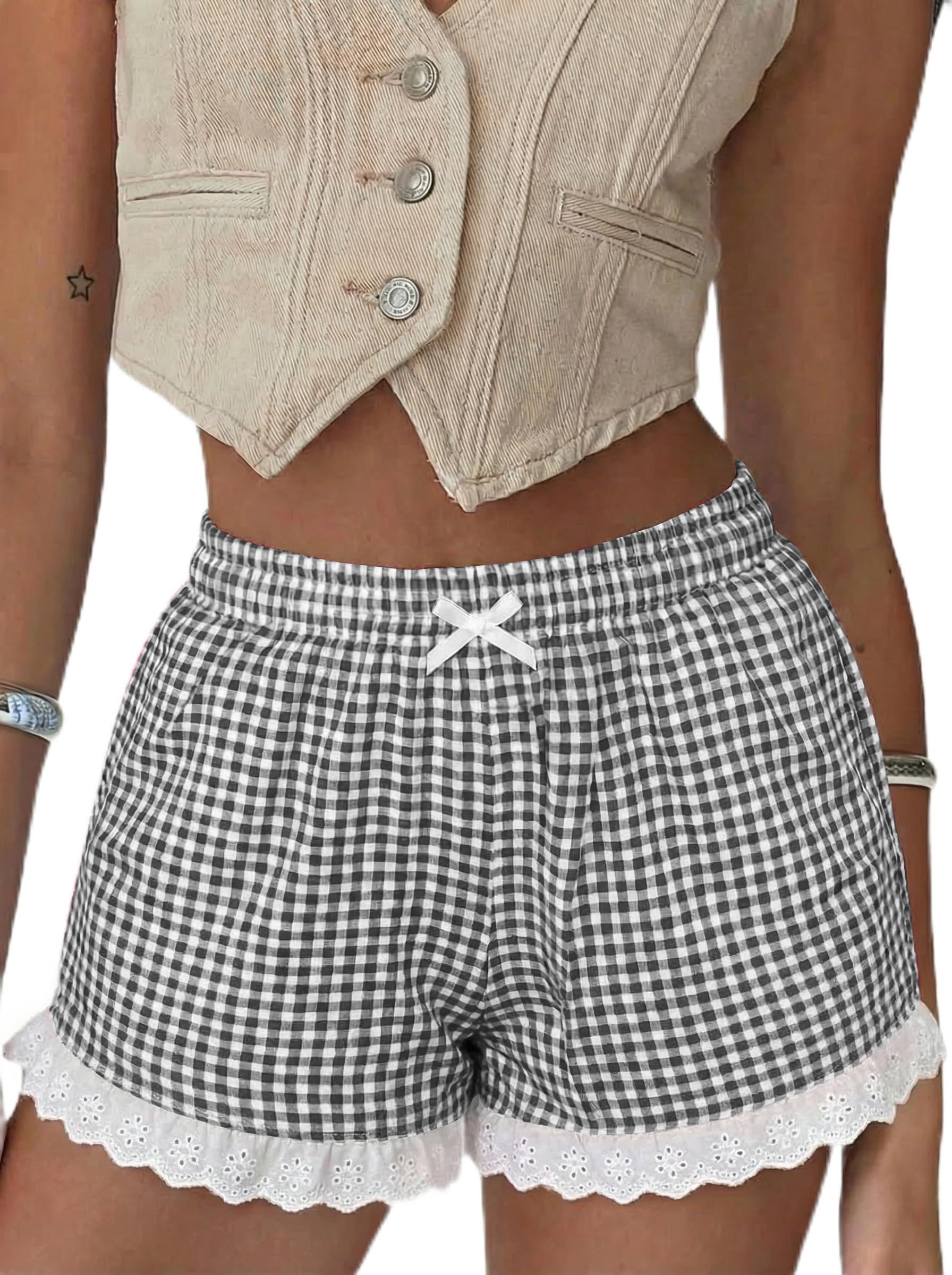 Boxer Shorts Gingham Shorts Y2K Beach Bottoms | Plaid Shorts Y2K Pajama Bottoms Two Pockets