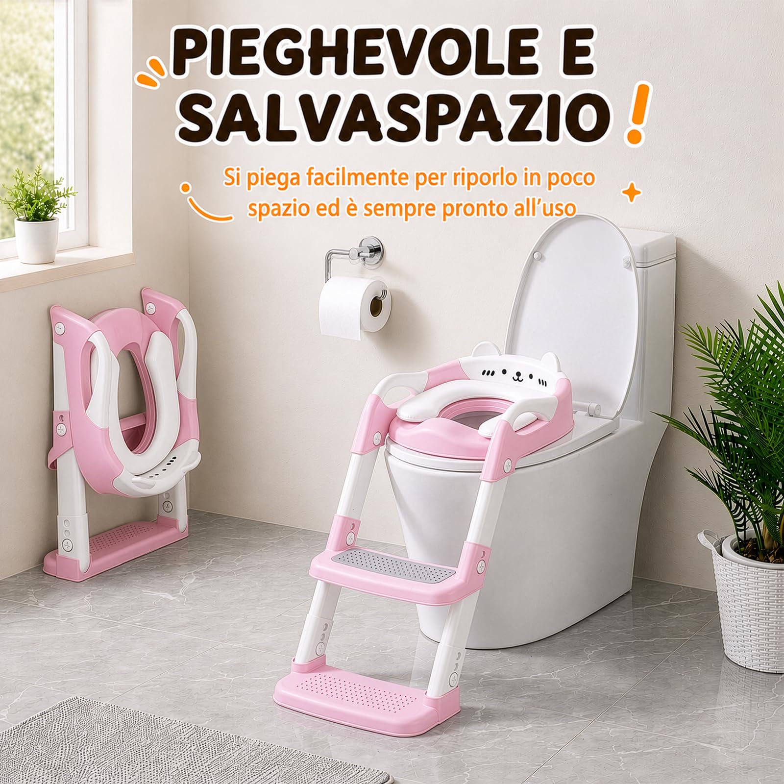 Riduttore WC Bambini, Stabile con Pedale e Maniglia, Rosa | Pedale Allungato e Antiscivolo, Facile da Montare e Riporre, Altezza Regolabile, Antischizzo Per Bambini E Bambine In Bagno
