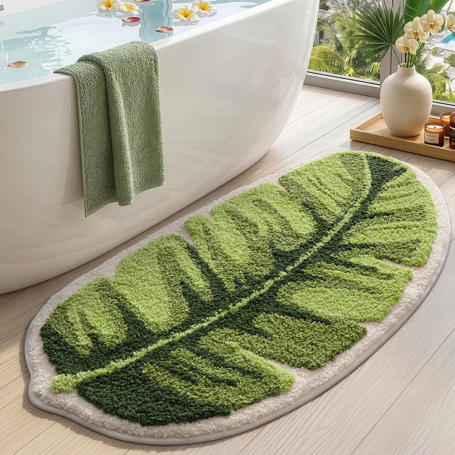 DEXI Bath Mat 61 x 122 cm, Non-Slip Absorbent Bathmat with Green Plant Pattern, Leaf Shaped Washable Rugs for Shower Floor, Bedroom, Bathroom Accessories Decor, Palm Leaf Green