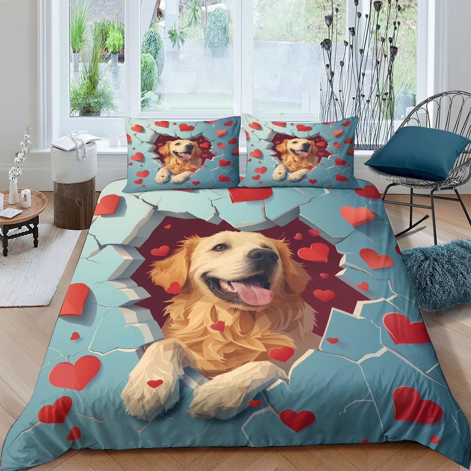 P5V6M1Q9 3D Printed Golden Retriever Heart Pattern Duvet Cover Microfiber Soft Set with 2 Pillowcases for Bedroom Home Decor Single（135x200cm）