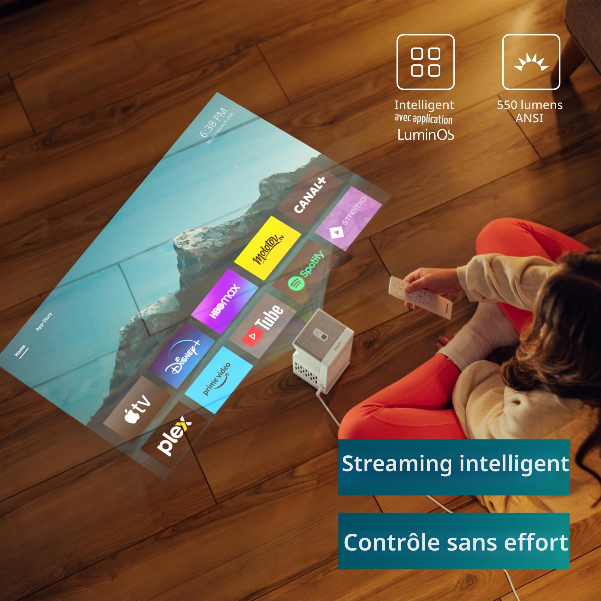Philips UL5 Smart, Vidéoprojecteur Ultra Courte Focale, Full HD 1080p, Triple Laser, Wi-FI, Correction d'image avancée, Son Stéréo, Système Lumin OS avec Applications, Blanc