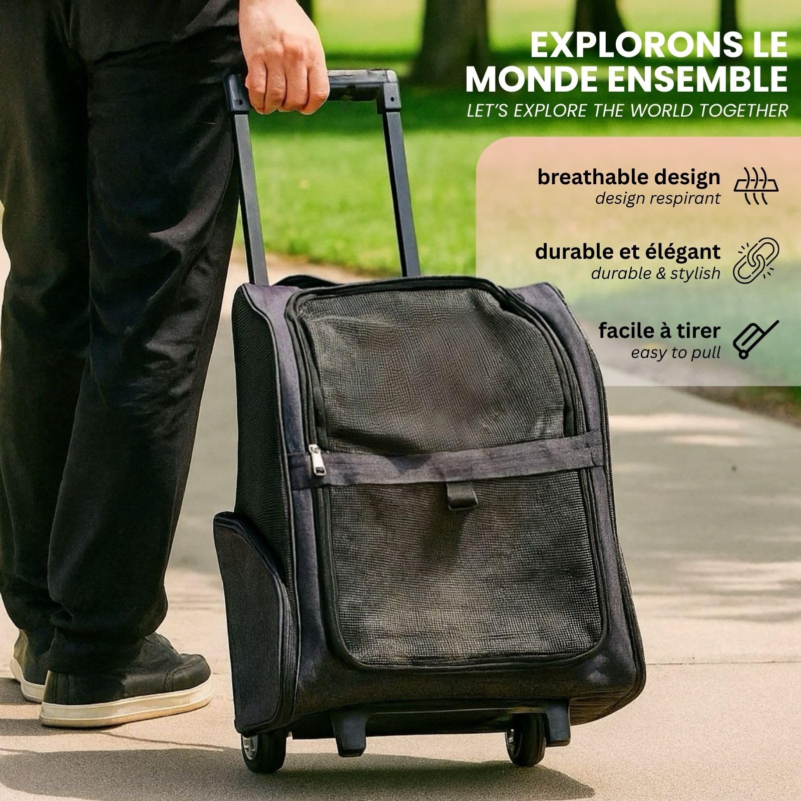 Sac Transport Chat 2-en-1 à roulettes et Sac à Dos - Sac de Transport pour Chat et Petit Chien Jusqu’à 15 kg -Sac à Dos Chat Transport Ventilé avec Poches de Rangement - 51 x 32 cm