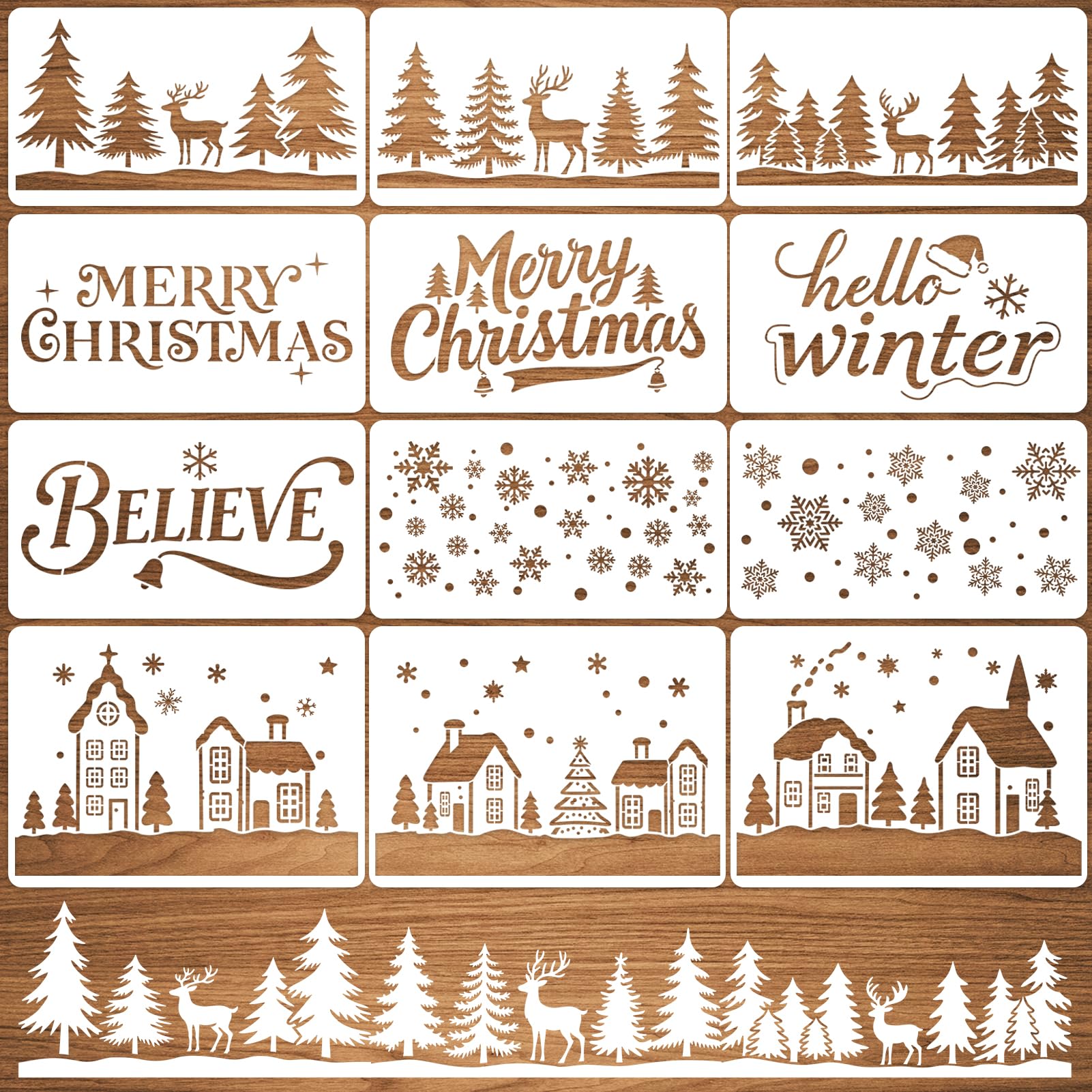 Large Christmas Stencils for Window, 12 Pcs Christmas Doormat Stencils Including Winter House Forest, Snowflake, Pine Tree for Painting on Wood, Glass, Door Mats, Door Hangers (Style 1)