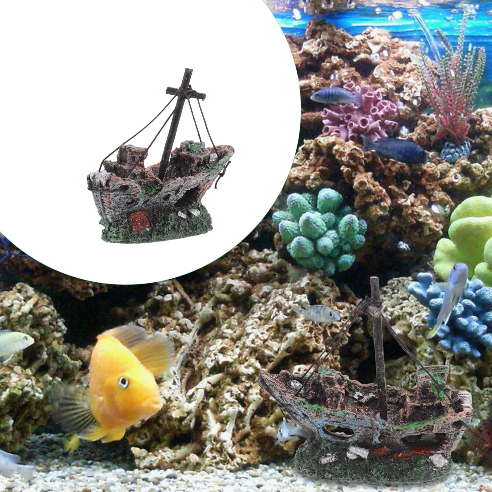 Hohopeti 3piezas Adorno De Acuario Resina De Barco Hundido Decoración para Peceras y Acuarios Refugio para Peces y Camarones Accesorios Acuáticos Duraderos y Seguros