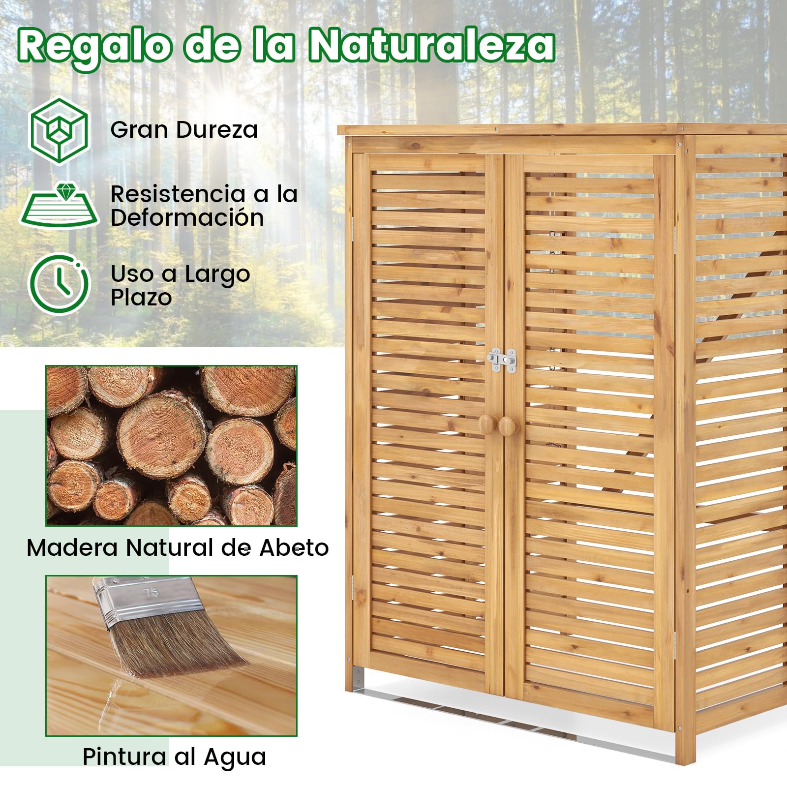 COSTWAY Cobertizo de Basura de Madera de 120 L, Caseta de Madera para Contenedor de Desechos para Exteriores con Tapa Abatible, Puertas Dobles, Pestillo de Seguridad, Contenedor de Basura para Jardín