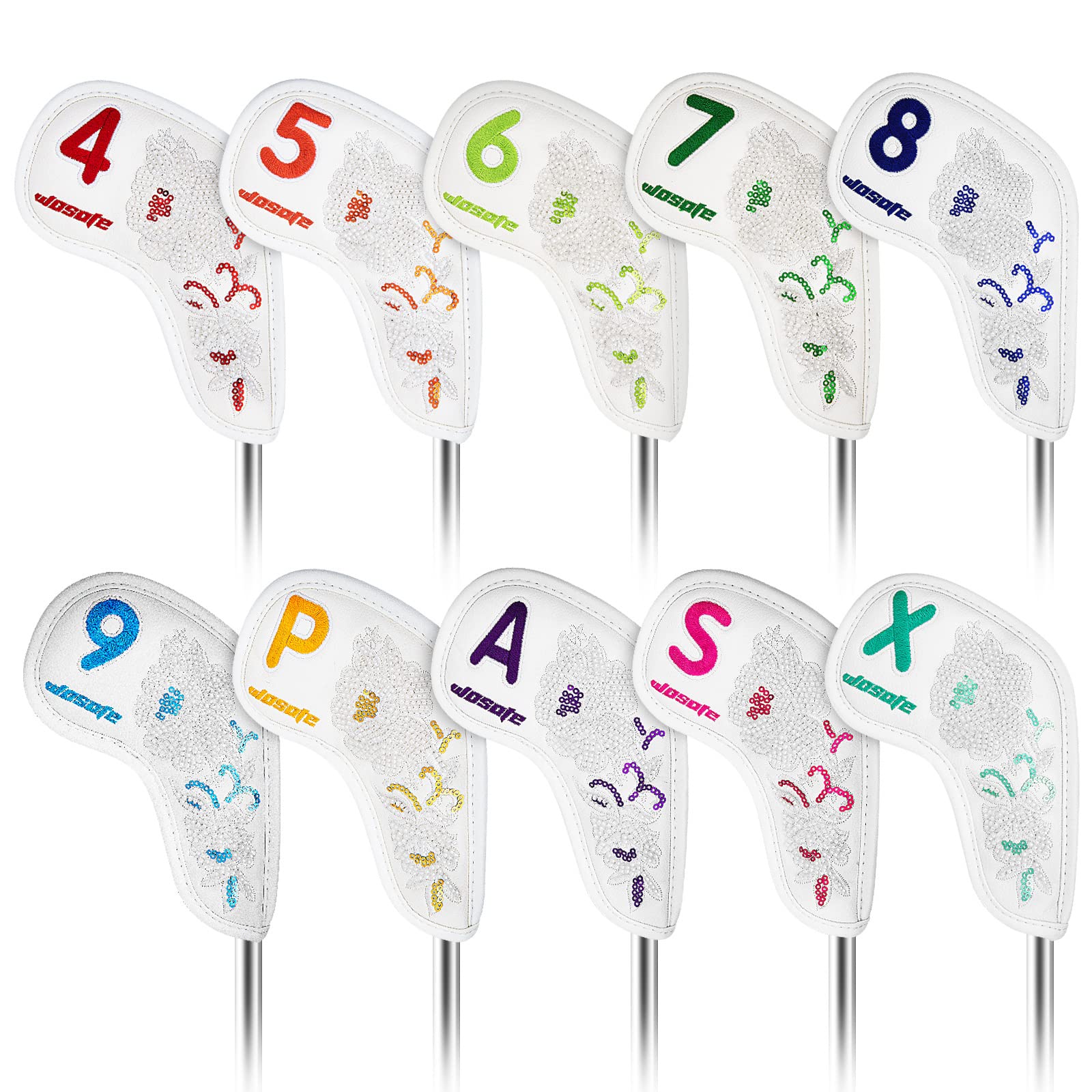 10 Teile/Satz Golf Eisen Headcovers PU Pailletten Stickerei Weiches Plüschfutter Schutzhülle Kopfbedeckung Magic Tape Verschluss Sportzubehör,White