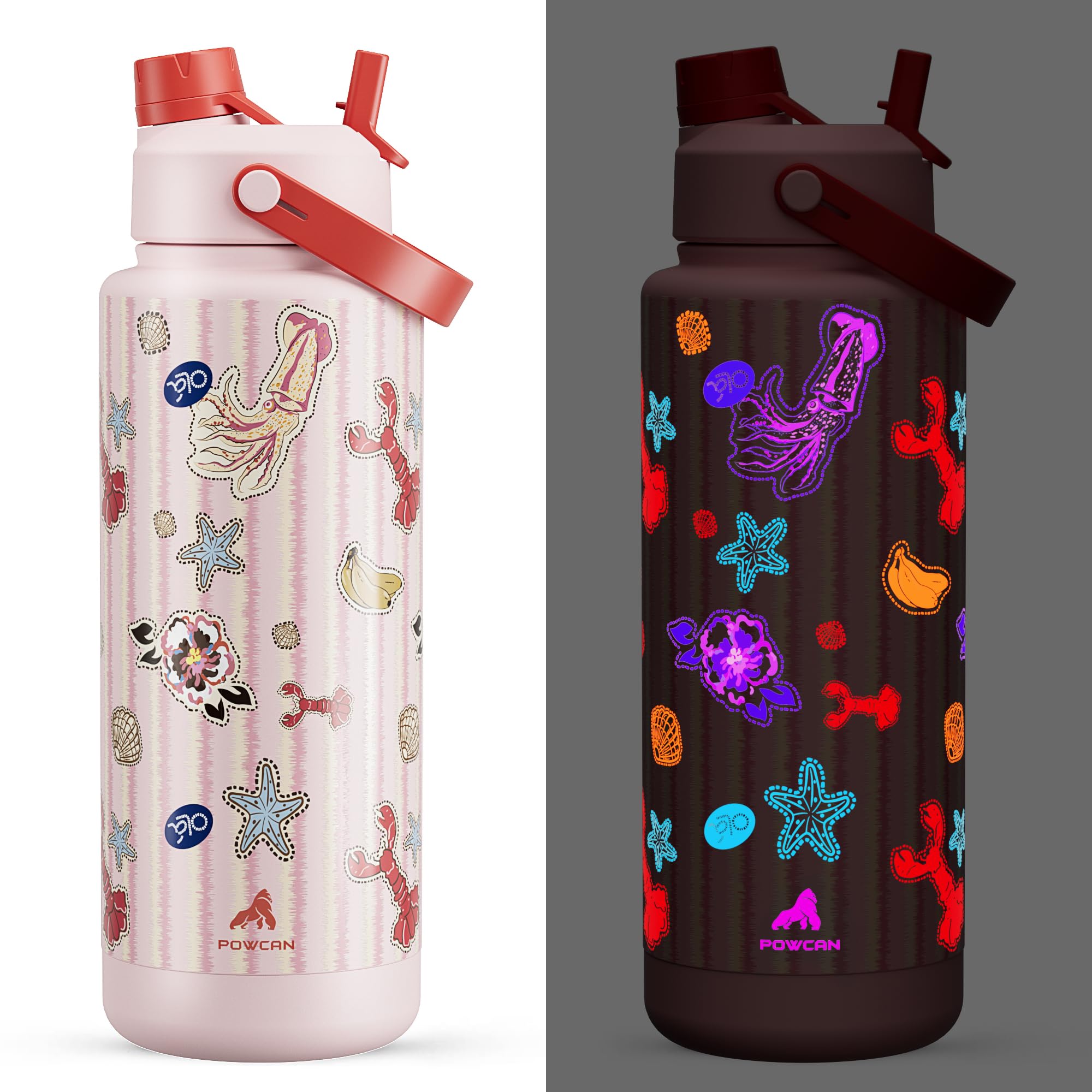 POWCAN 40 oz Insulated Water Bottle with 2-in-1 Straw and Spout Lid, Glow-in-the-Dark, 24H Cold, Leakproof, BPA-Free, Double Wall Stainless Steel for Sports, Gym, Travel, and School (Reef Carnival)
