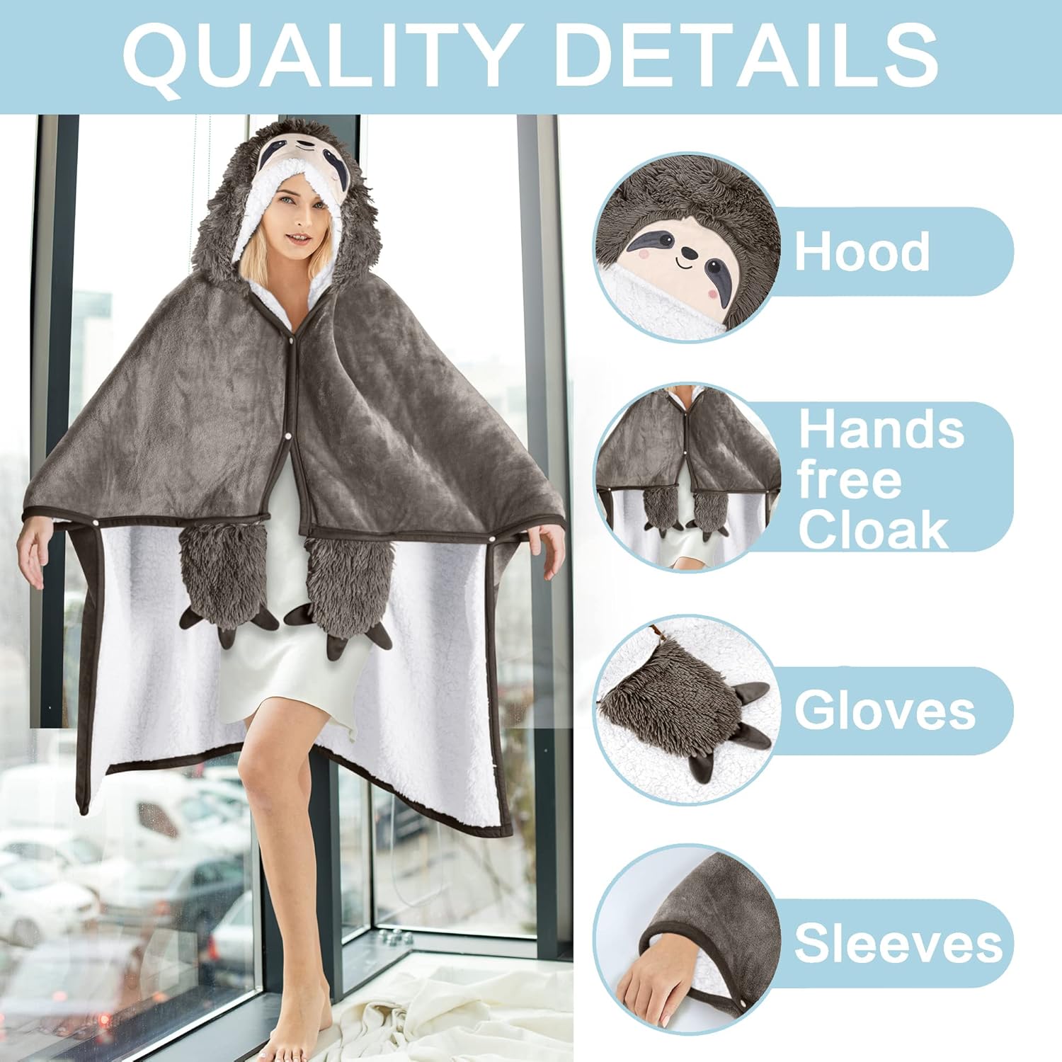 Sloth Wearable Hooded Blanket for Adults - Super Soft Warm Cozy Plush Flannel Fleece & Sherpa Hoodie Throw Cloak Wrap - Sloth Gifts for Women Adults and Kids - Image 3