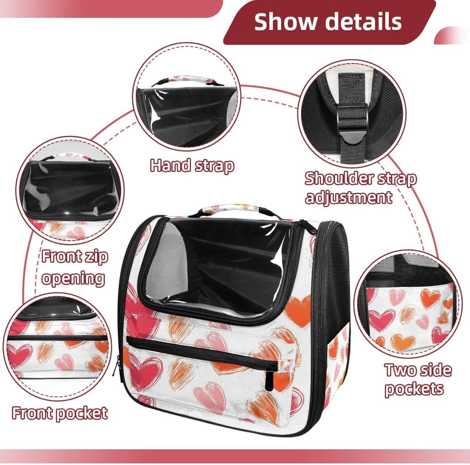 Abstract Hearts (33) Cat Backpack Carrier, Large Pet Backpack for Medium Small Dog Cat Puppy Kitty Bunny