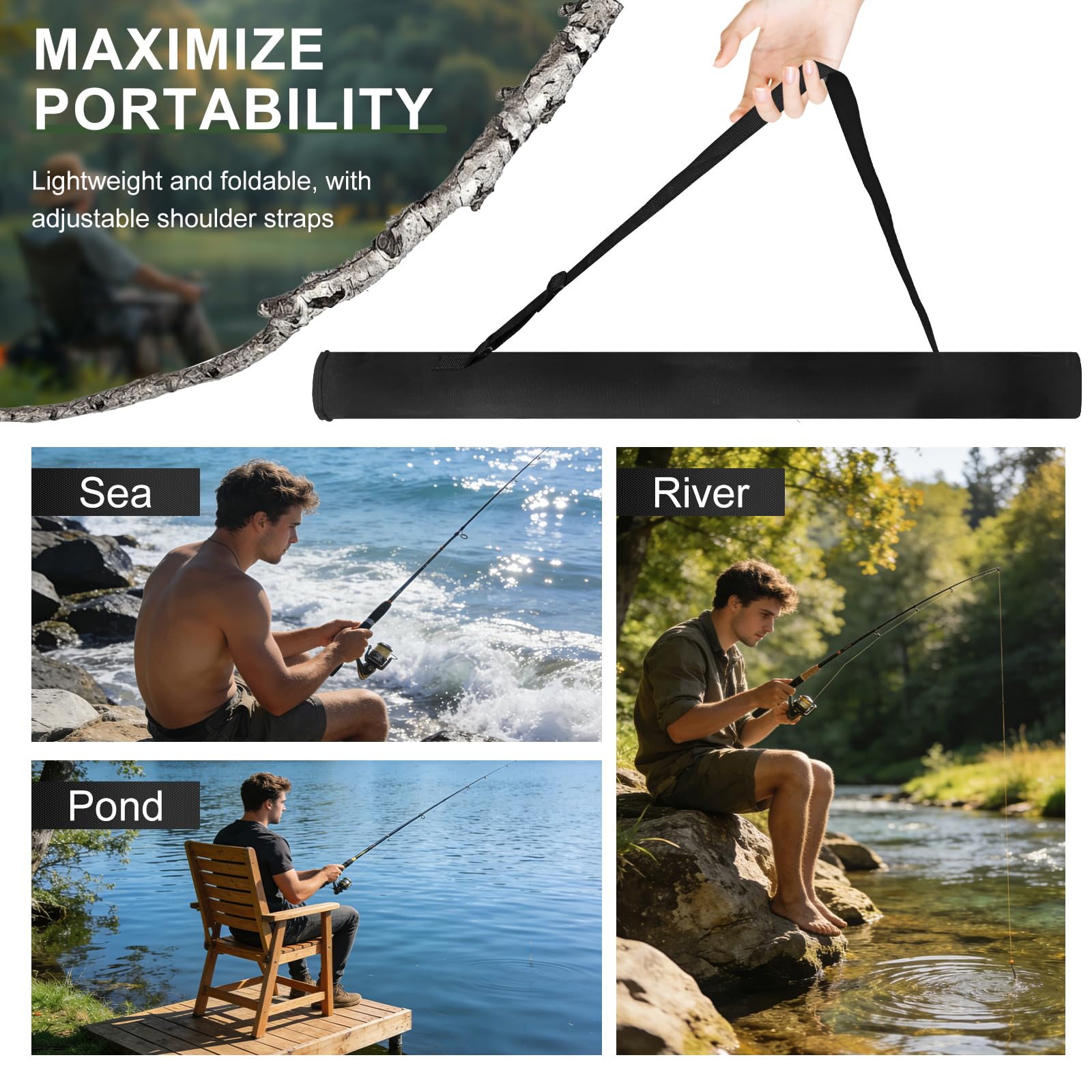 Soporte Cañas de Pescar, Mochila Pesca de Tela 130x13cm, Carretes de Pesca Porta Cañas para 2-3 Cañas, Pesca Accesorios con Correa Ajustable, Carpfishing Funda Transporte, Negro