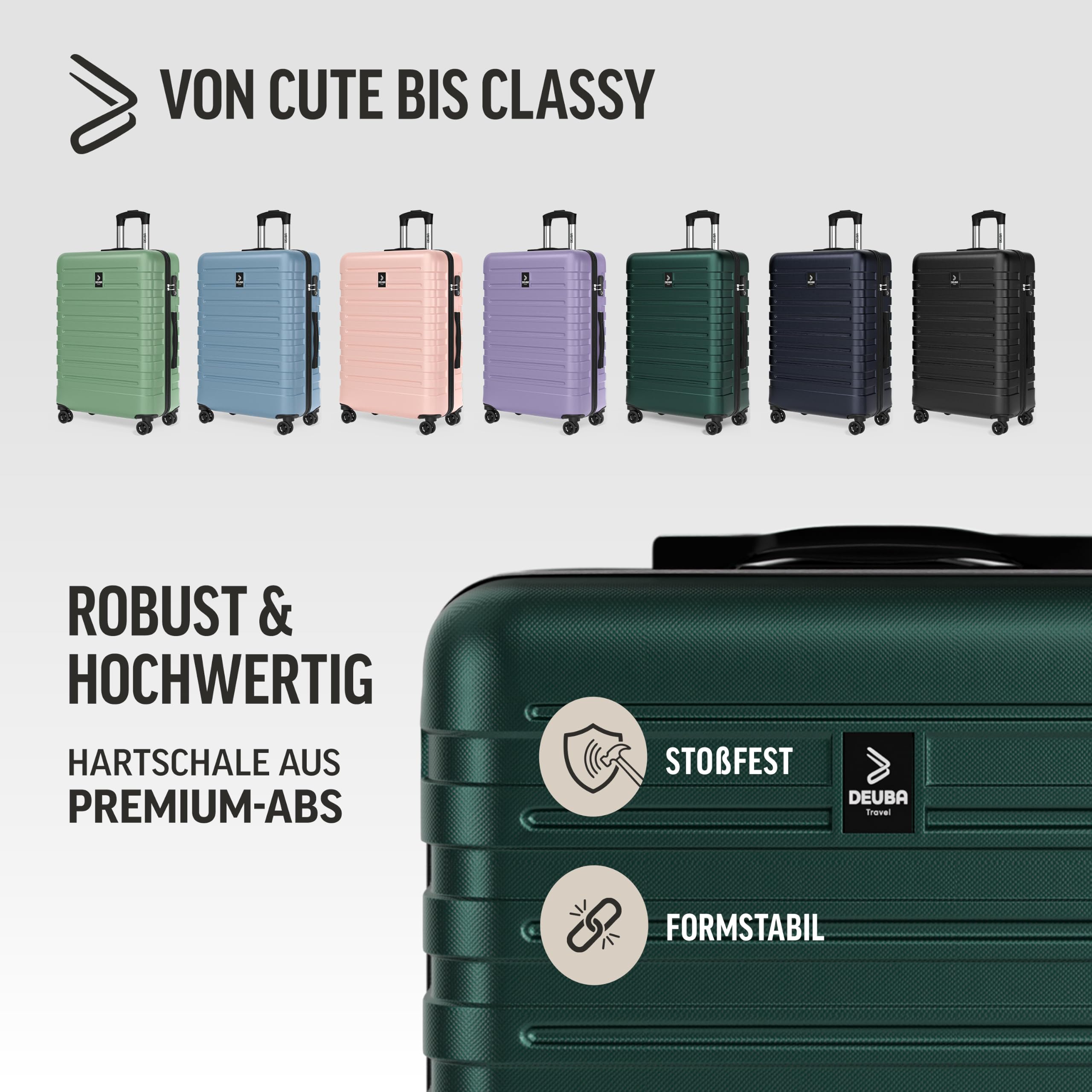 DEUBA® TRAVEL Koffer Set 3tlg 55x40x20 Sicherer Stauraum Kreuzgurt PVC Fach Reisekoffer Groß Trolley Suitcase mit 360° Rollen Hartschalenkoffer Handgepäck Koffer Dunkelgrün