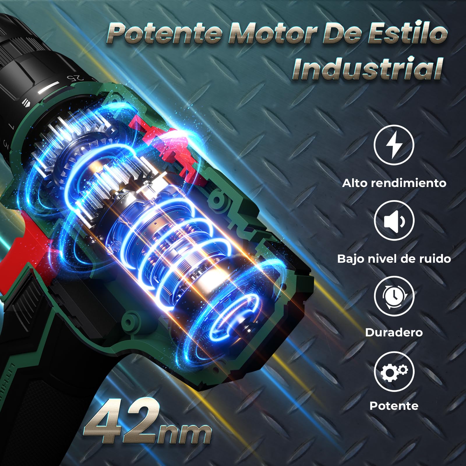 Taladro Atornillador Batería 20V, Taladro Bateria par Máximo 42Nm, Taladro Inalámbrico 2 Velocidades, Apto para Baterías Makita, 25+1 Niveles de Par, Batería 2000mAh, Portabrocas 10mm, Luces LED Verde