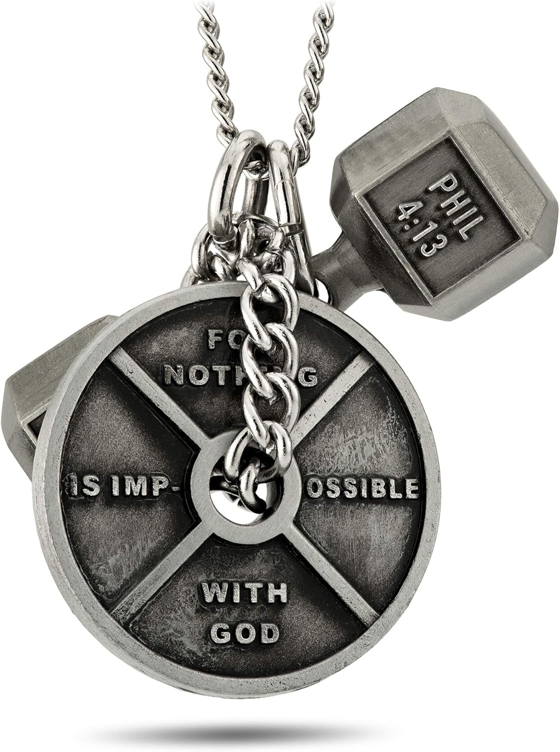Shields of Strength Women's Combo Dumbbell Weight Plate Necklace with Phil 4:13 & Luke 1:37, Antique Zinc, 16-24" Chain, Faith Gift