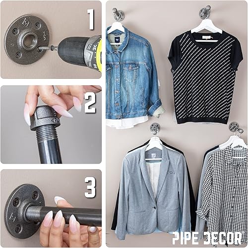 Miniatura 8 de PIPE DECOR Perchero de pared de tubería industrial, exhibición de ropa de armario comercial o residencial, soporte de ropa de metal gris negro de