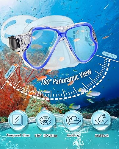 Miniatura 2 de Equipo de esnórquel para adultos y niños, juego de esnórquel en seco, lente panorámica de vidrio templado antifugas y antivaho. Juego de esnórquel