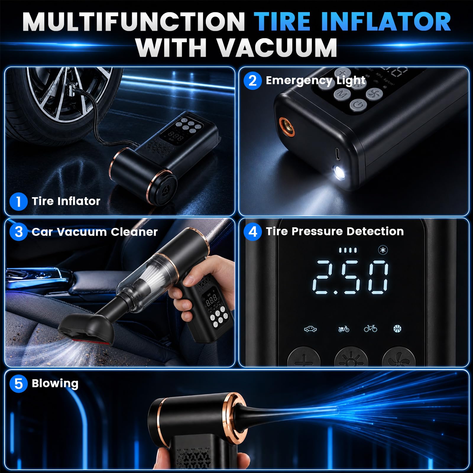 5 en 1 Compresor Aire Portatil con Aspiradora inalámbrica, 150 PSI Inflador de Neumáticos con Luz de Emergencia, Pantalla LCD, manómetro Digital para Coche hogar Pelo de Mascotas Moto y balones
