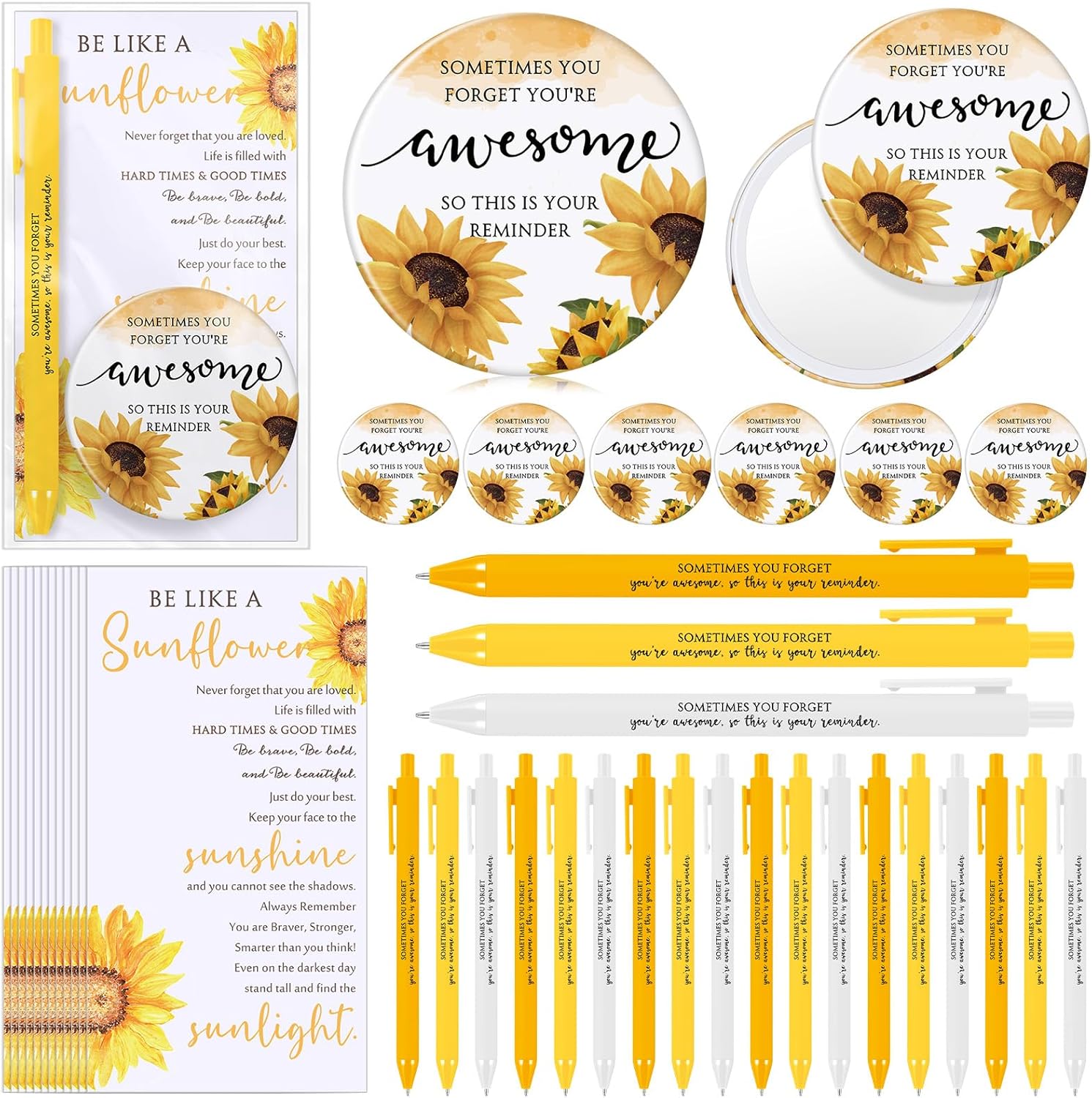 Cinnvoice 36 Set Inspirational Gifts for Women Sunflower Mini Compact Mirror and Pen with Motivational Cards Sometimes You Forget Your Awesome Gifts for Mother Coworkers or Any Woman (Inspirational)