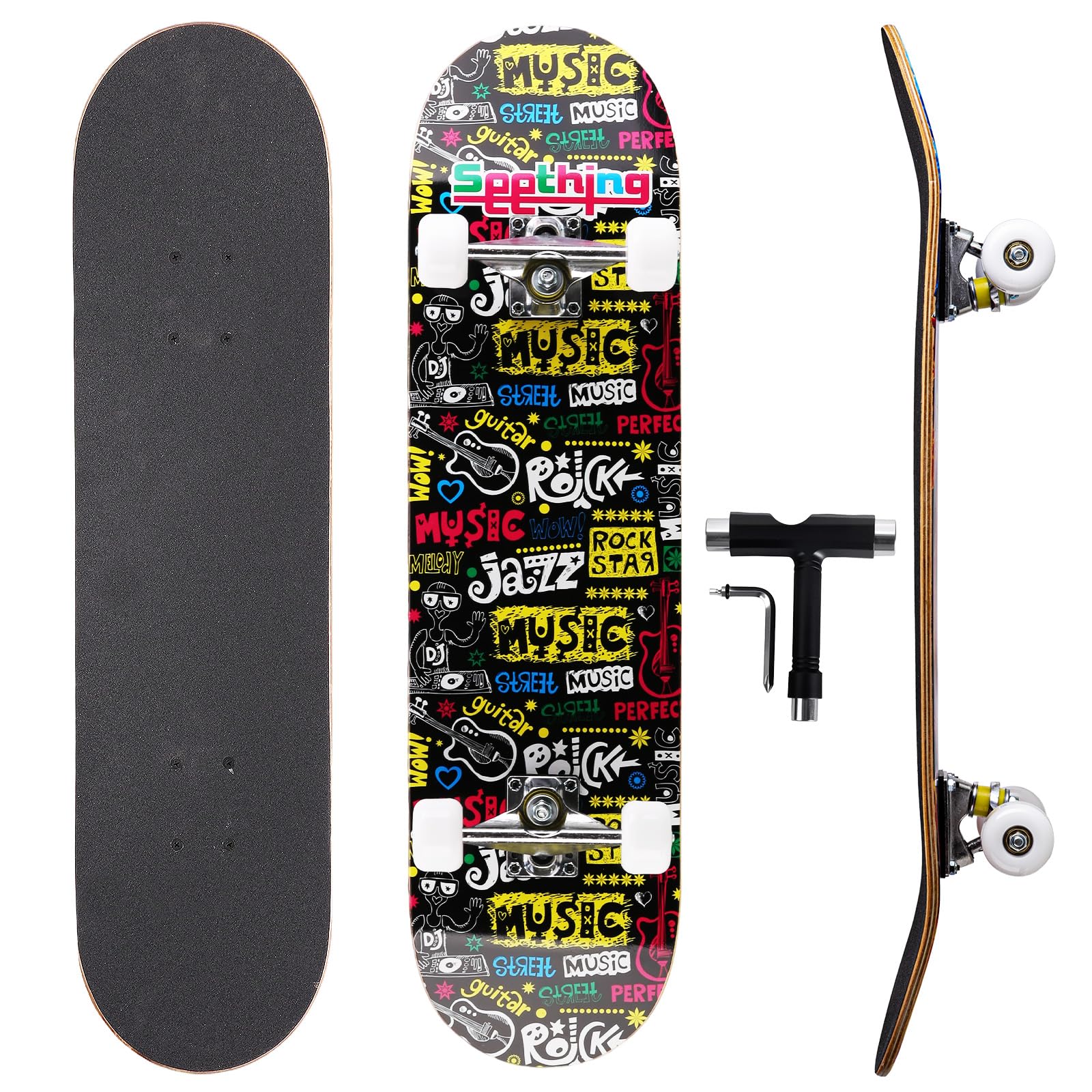 Casual Graffiti Professional Double Kick Skateboard, 31 inch Maple Deck, ABEC-11 Bearings, 95A PU Wheels