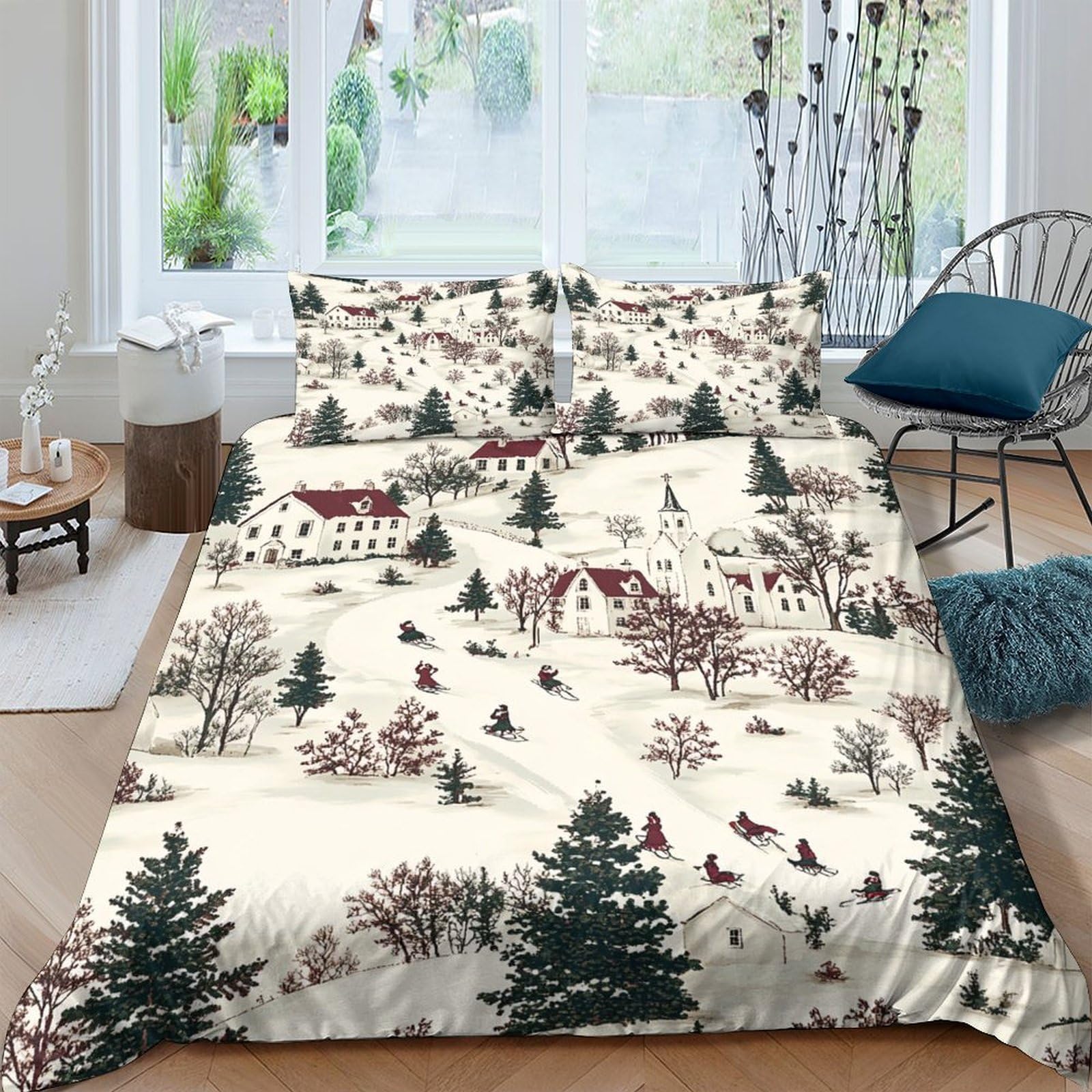 Ctjqhvkz Style-5 3D Printed Winter Village Fitted Sheet Microfiber Soft Snow Forest Bed Cover For Bedroom Guest Room Dorm Decor Single（135X200cm）