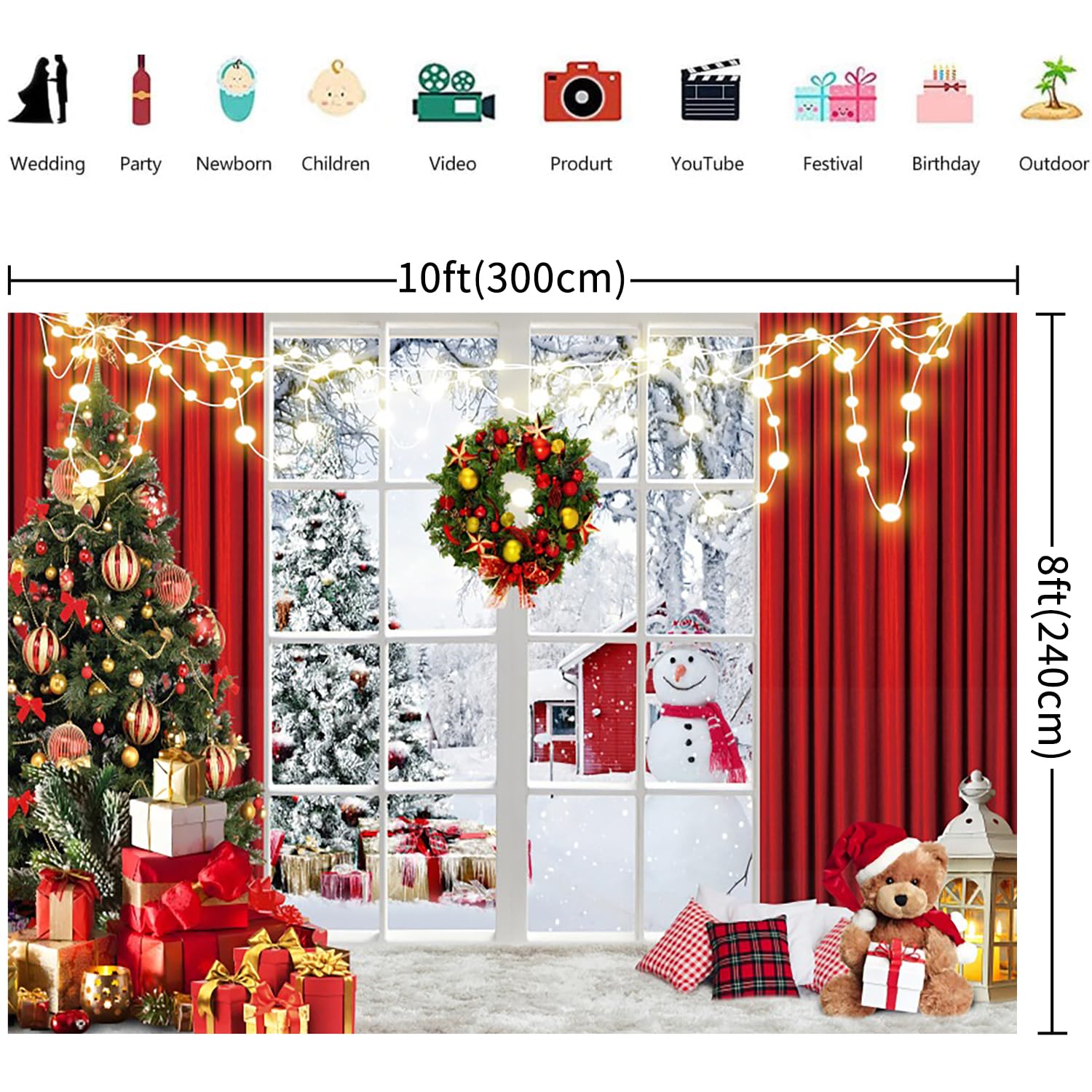 3x2.4m Toile de Fond Noël Fenêtre de Noël Scène de Neige Hiver Arbre de Noël Fond Photographique Famille Enfants Portrait Photoshoot Vacances Nouvel an Décorations Party Bannière Photo Booth Props