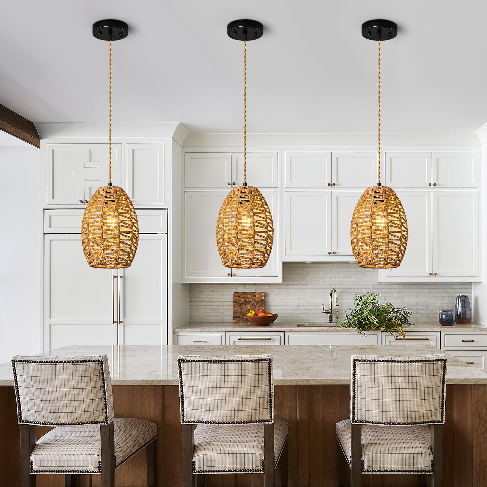 Lustre Suspension En Bambou Tressé - Abat-jour Réglable Style Bohème - Douille E27 Max 60W - Pour Cuisine îlot, Salle à Manger, Salon