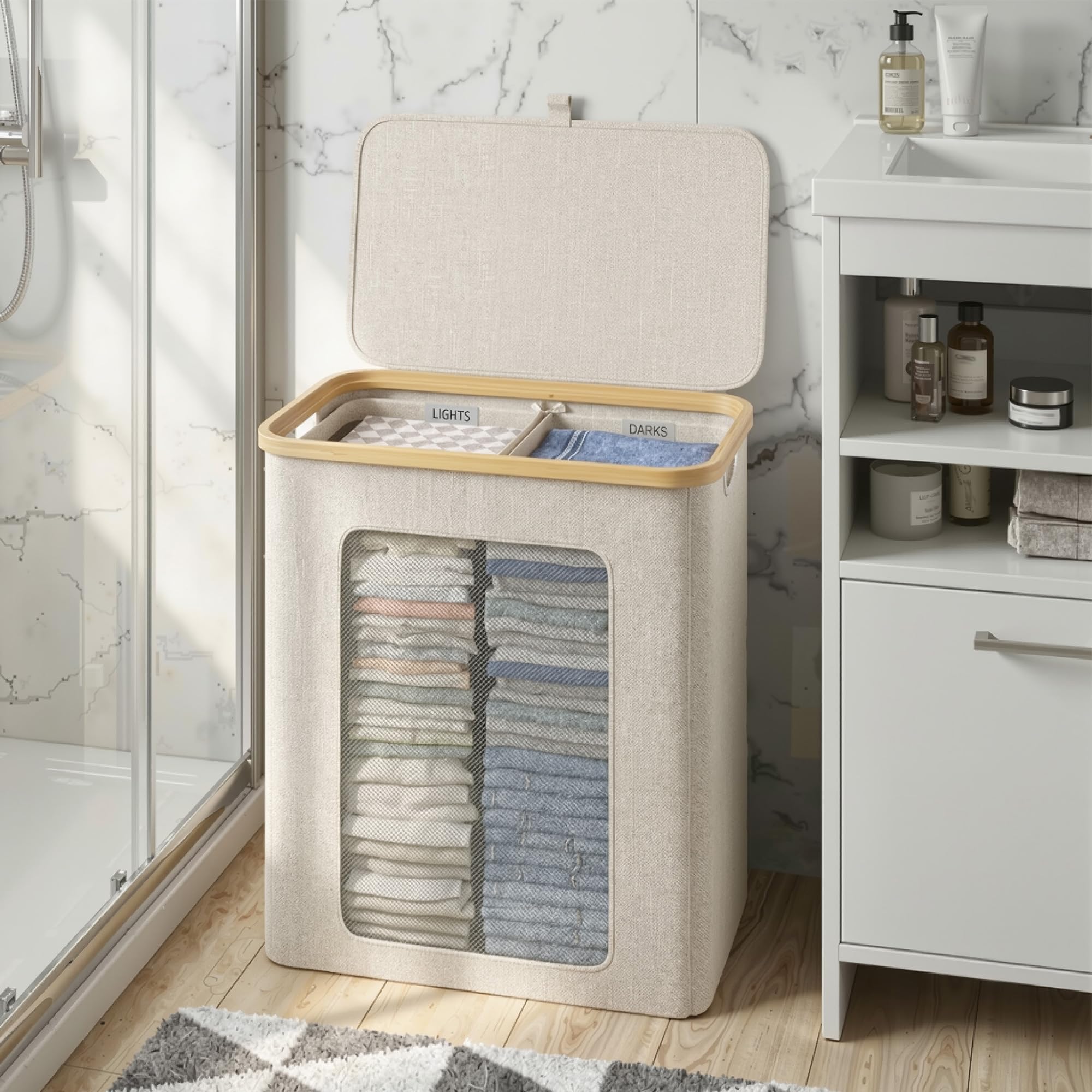 Panier à Linge 2 Compartiments avec Couvercle 140L, en Cadr Bambou & Tissu Oxford 600D Étanche, panier linge sale avec Sacs Intérieurs Amovibles, parfait pour la Buanderie, la Chambre, Beige