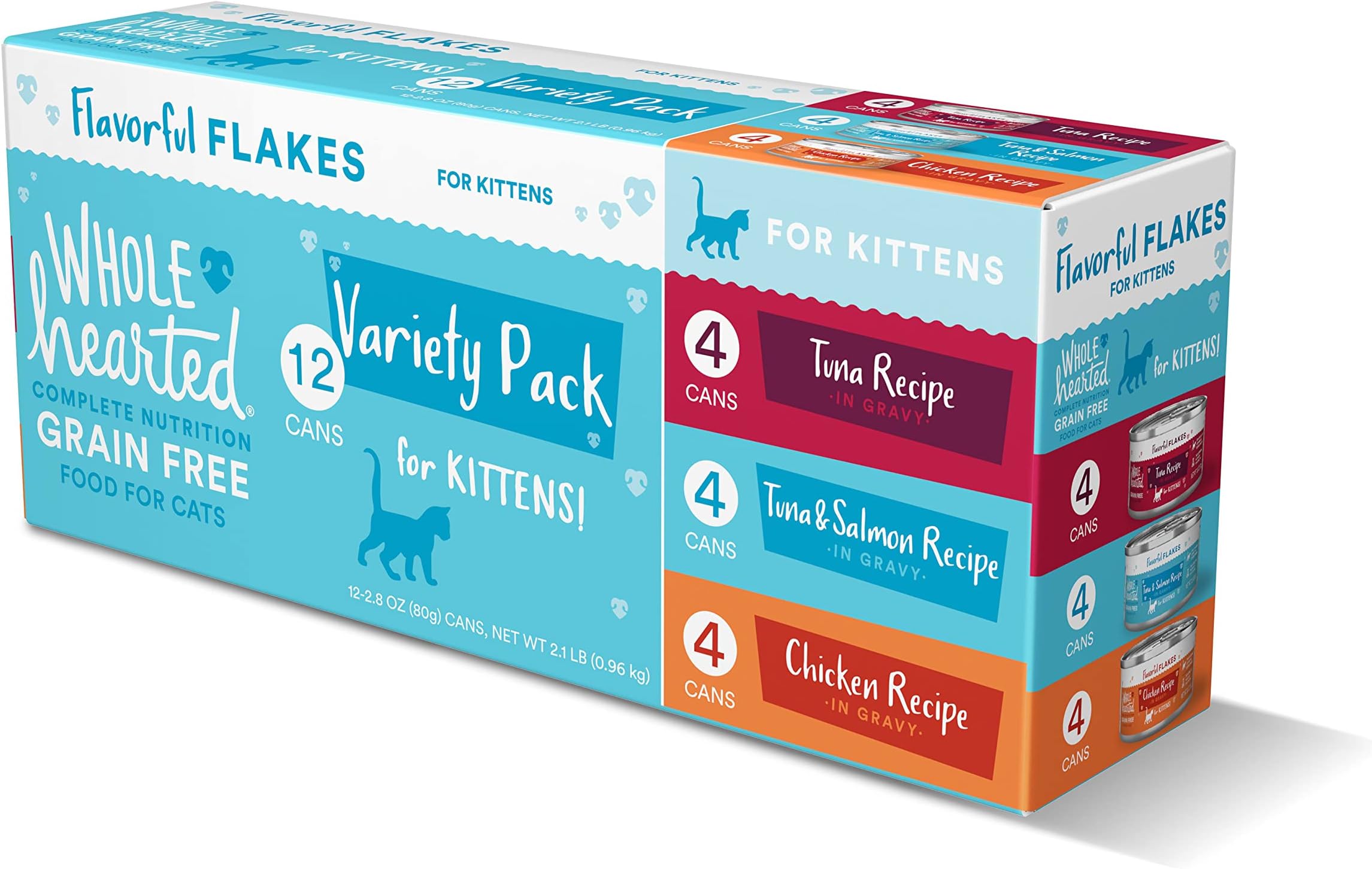 WholeHeartedGrain Free Kitten Flakes Wet Cat Food Variety Pack 2.8 oz Case of 12