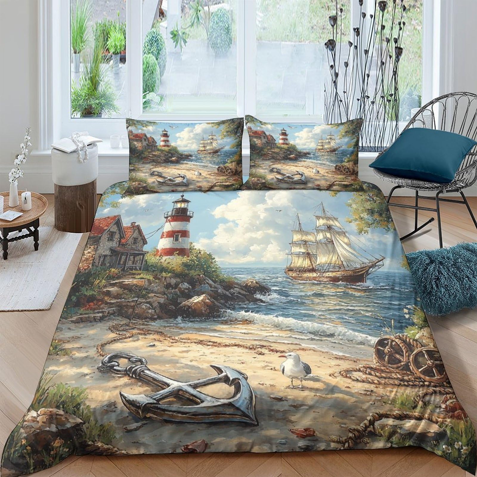 GPLZQXKJNH 3D Printed Nautical Lighthouse Duvet Cover Microfiber Soft Breathable Sailing Ship Bedding Set with 2 Pillowcases for Bedroom Decor Single（135x200cm）