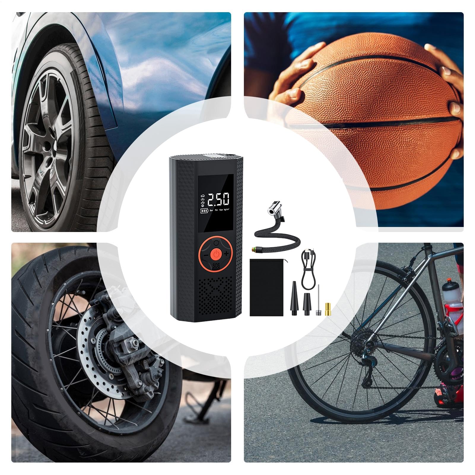 Pompe à Air pour Pneus de Voiture Kit d'Outils Sans Fil Rechargeable