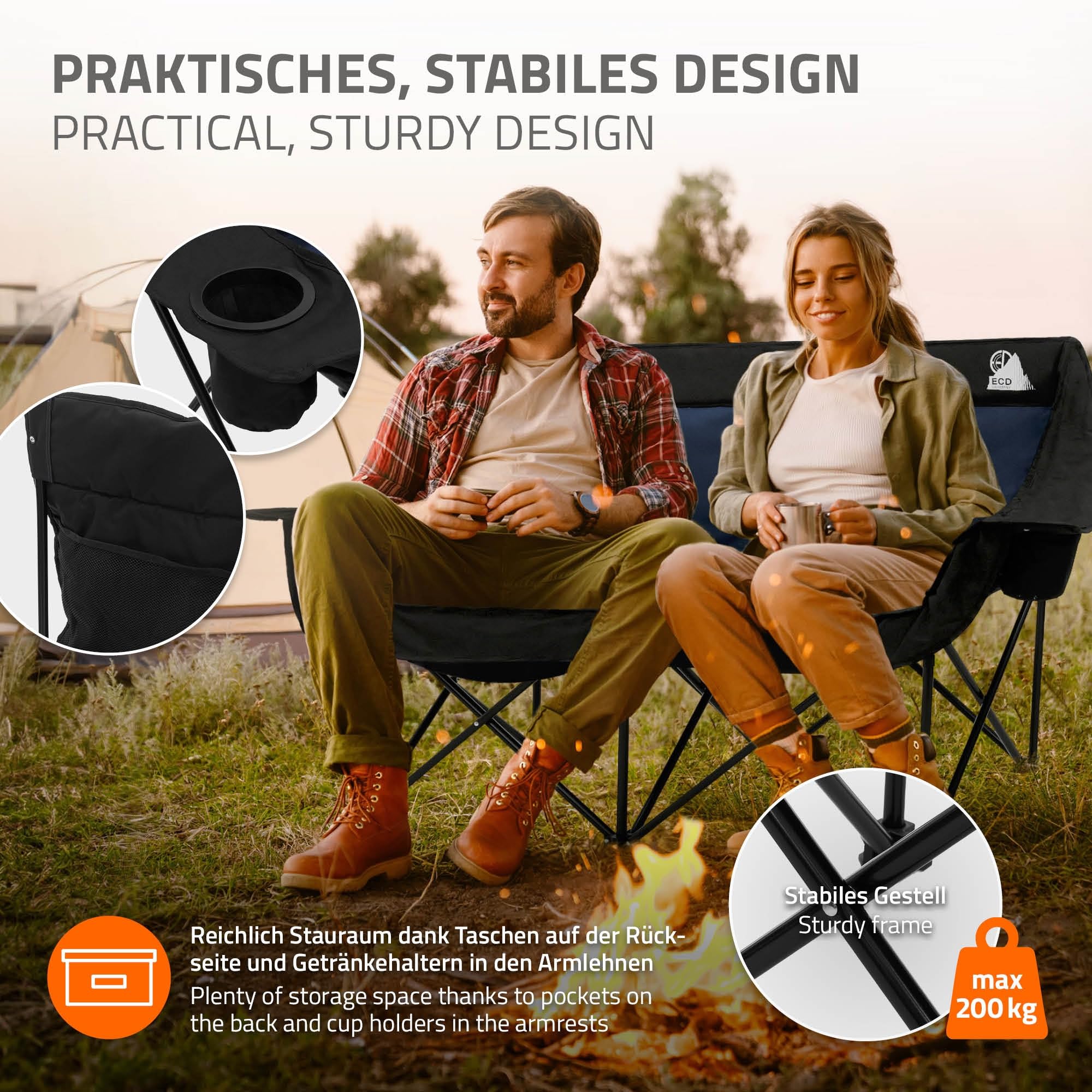 ECD Germany Campingstuhl faltbar für 2 Personen, Campingsofa klappbar 2-Sitzer, Doppel Klappstuhl mit Stahlgestell, Faltsofa gepolstert, Campingcouch stabil für Outdoor Camping und Angeln, Blau/Khaki