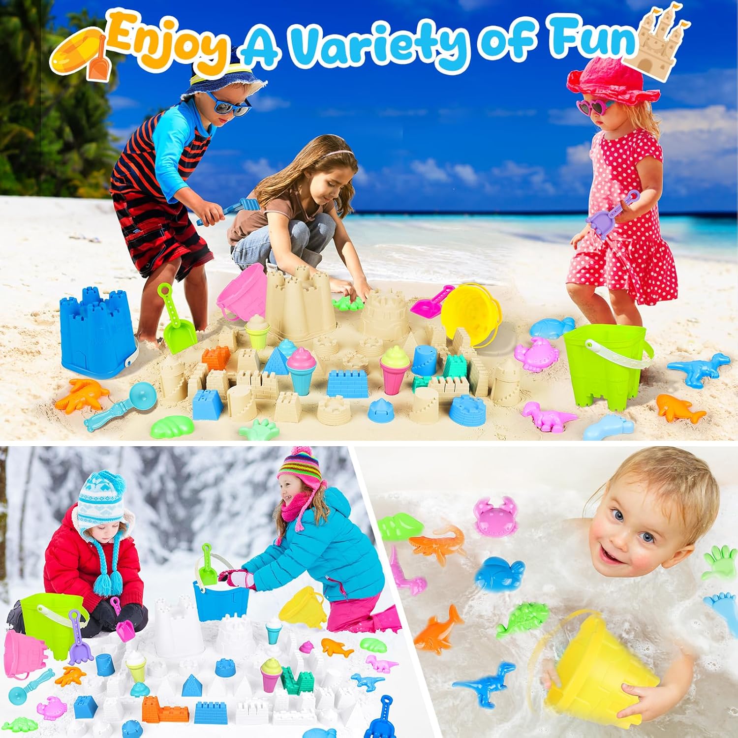 Beach Toys for Kids Toddlers, Sand Castle Toys with 4 Sand Bucket and Shovels, Mesh Bag & Molds, Ice Cream Travel Sandbox for Beach Sandbox for Toddlers Kids Baby Boys Girls Age 3-10 - Image 6